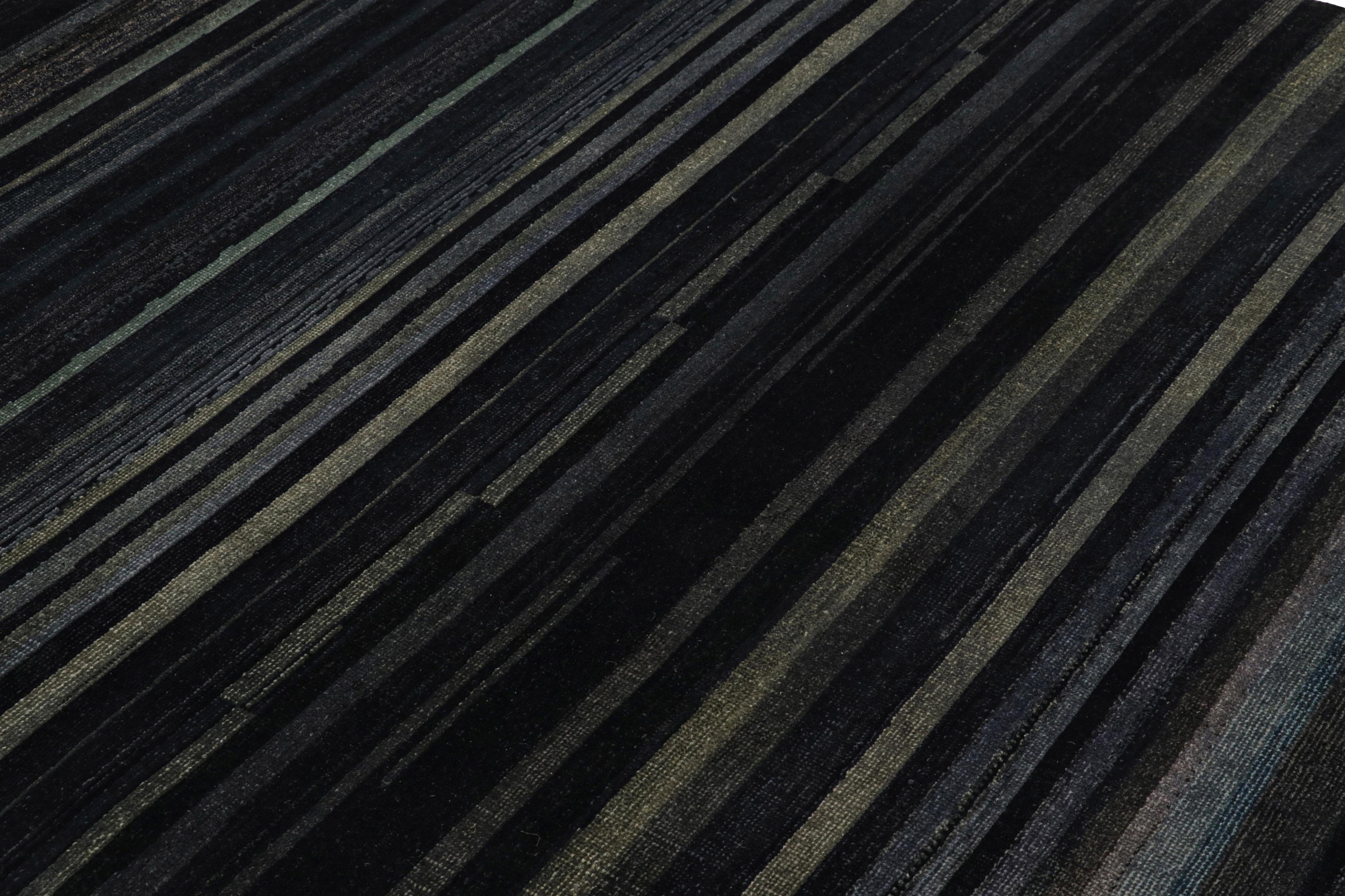 Indian Rug & Kilim’s Modern Textural Rug in Grisaille Blue and Black Stripes and Striae For Sale