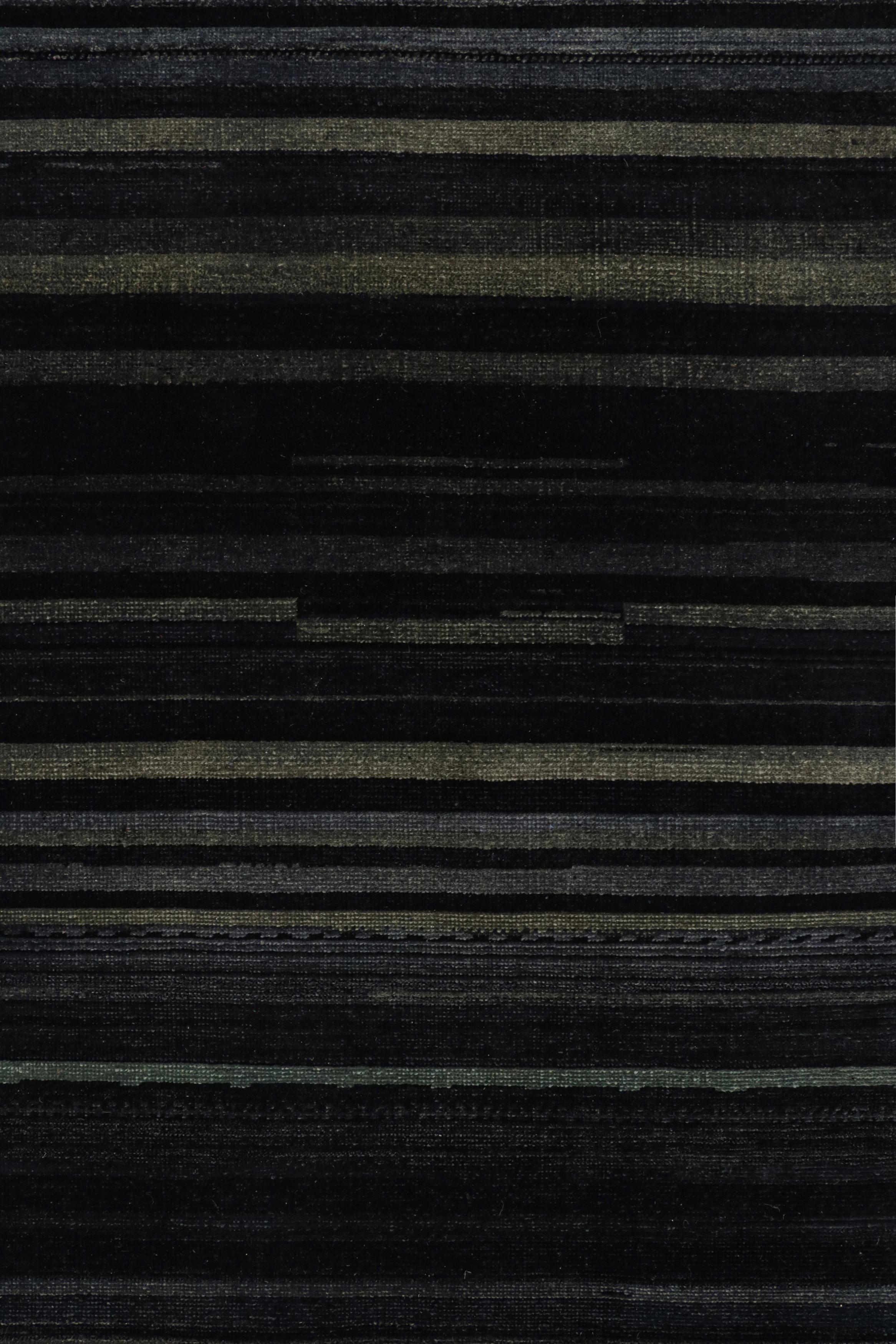 Hand-Knotted Rug & Kilim’s Modern Textural Rug in Grisaille Blue and Black Stripes and Striae For Sale