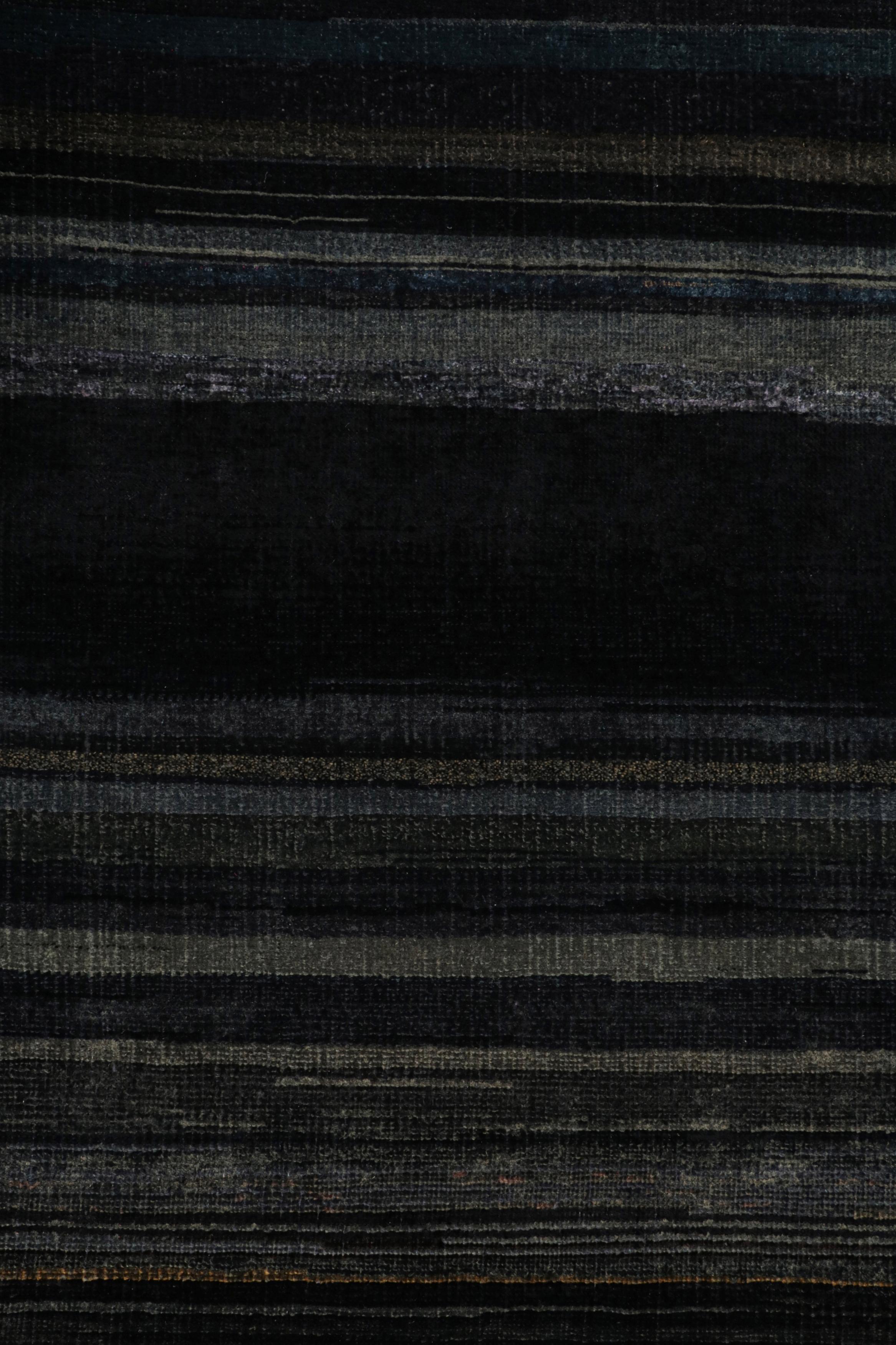 Hand-Knotted Rug & Kilim’s Modern Textural Rug in Grisaille Blue and Black Stripes and Striae For Sale