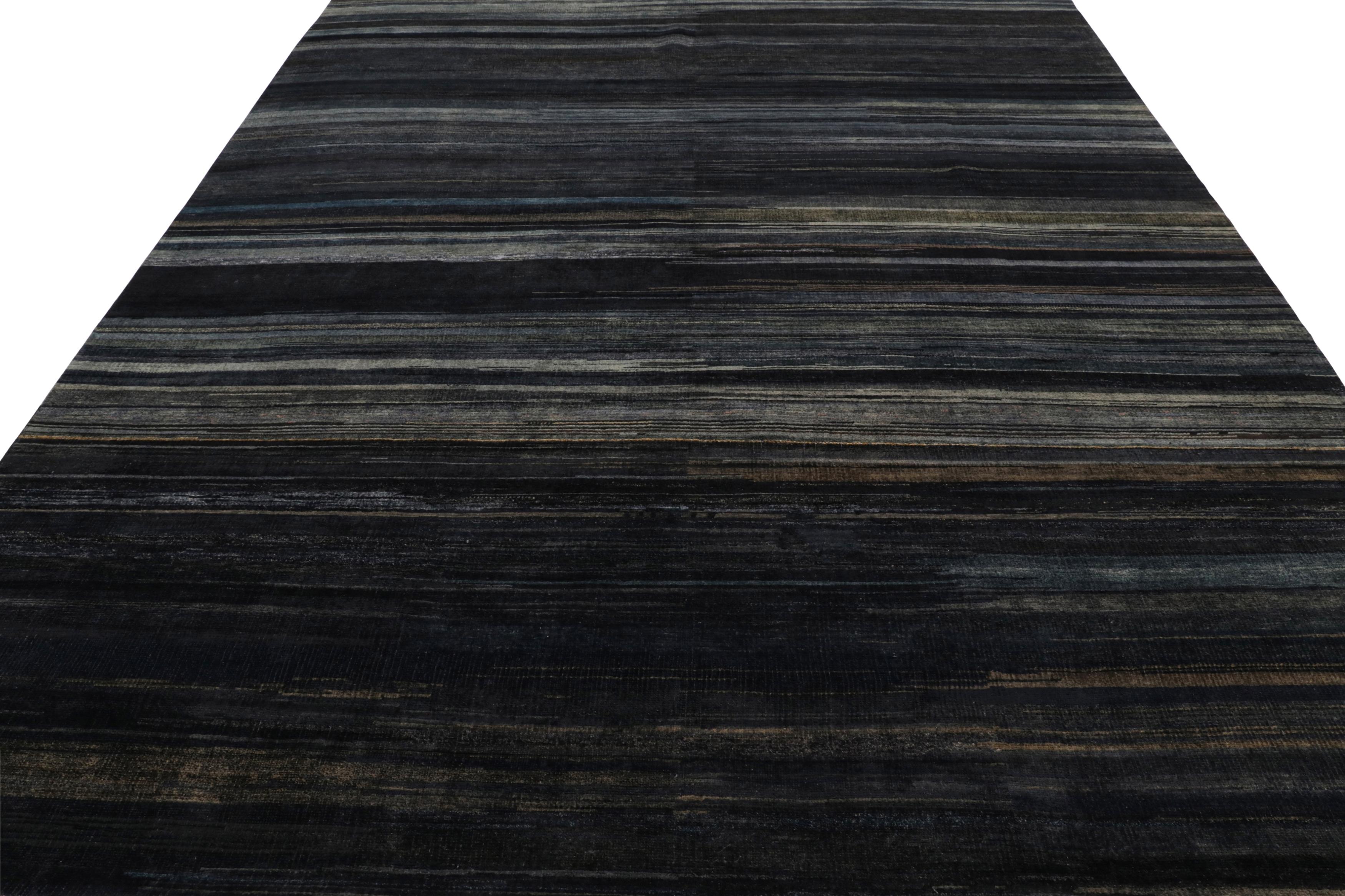 Contemporary Rug & Kilim’s Modern Textural Rug in Grisaille Blue and Black Stripes and Striae For Sale