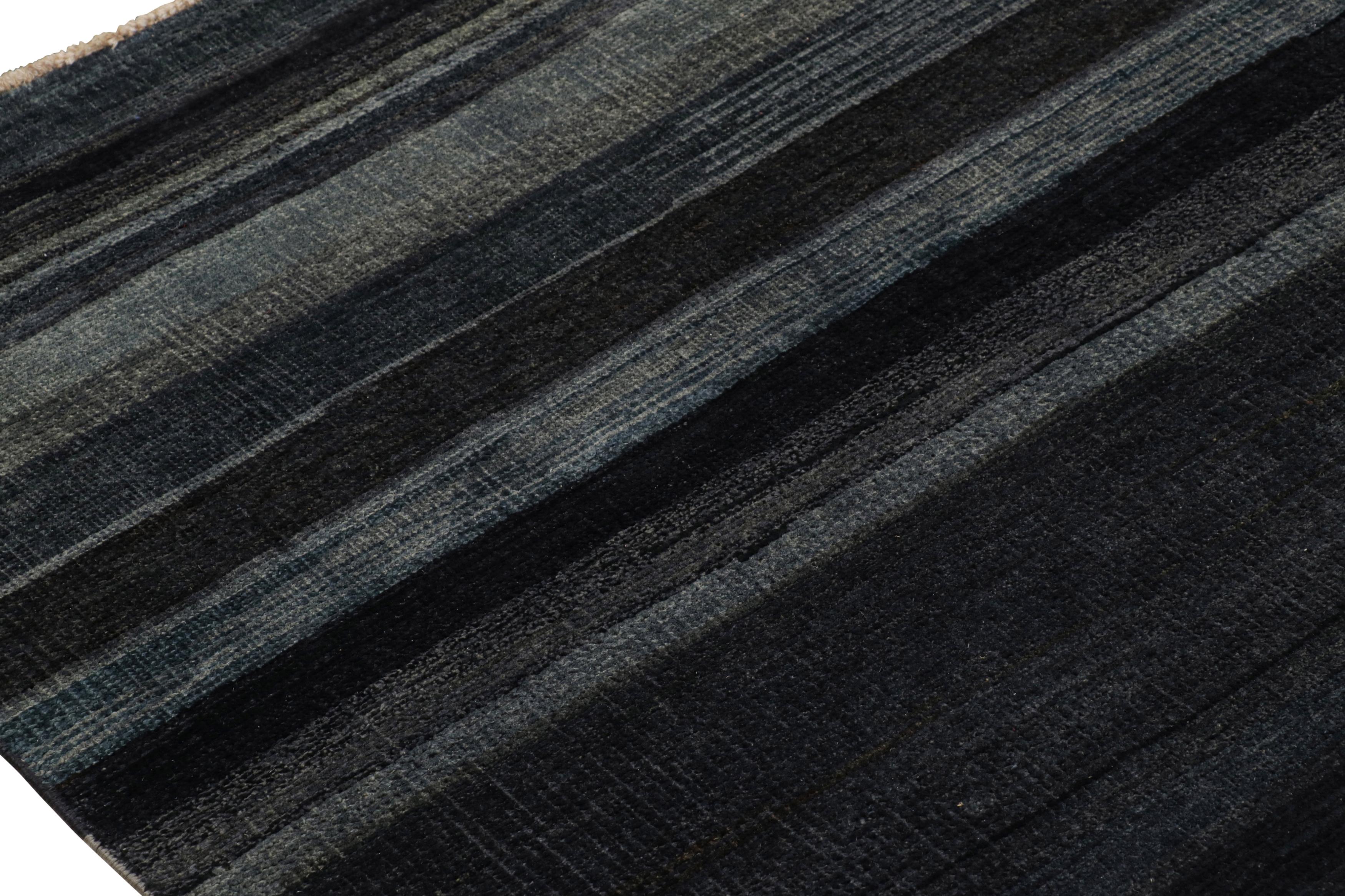 Wool Rug & Kilim’s Modern Textural Rug in Grisaille Blue and Black Stripes and Striae For Sale