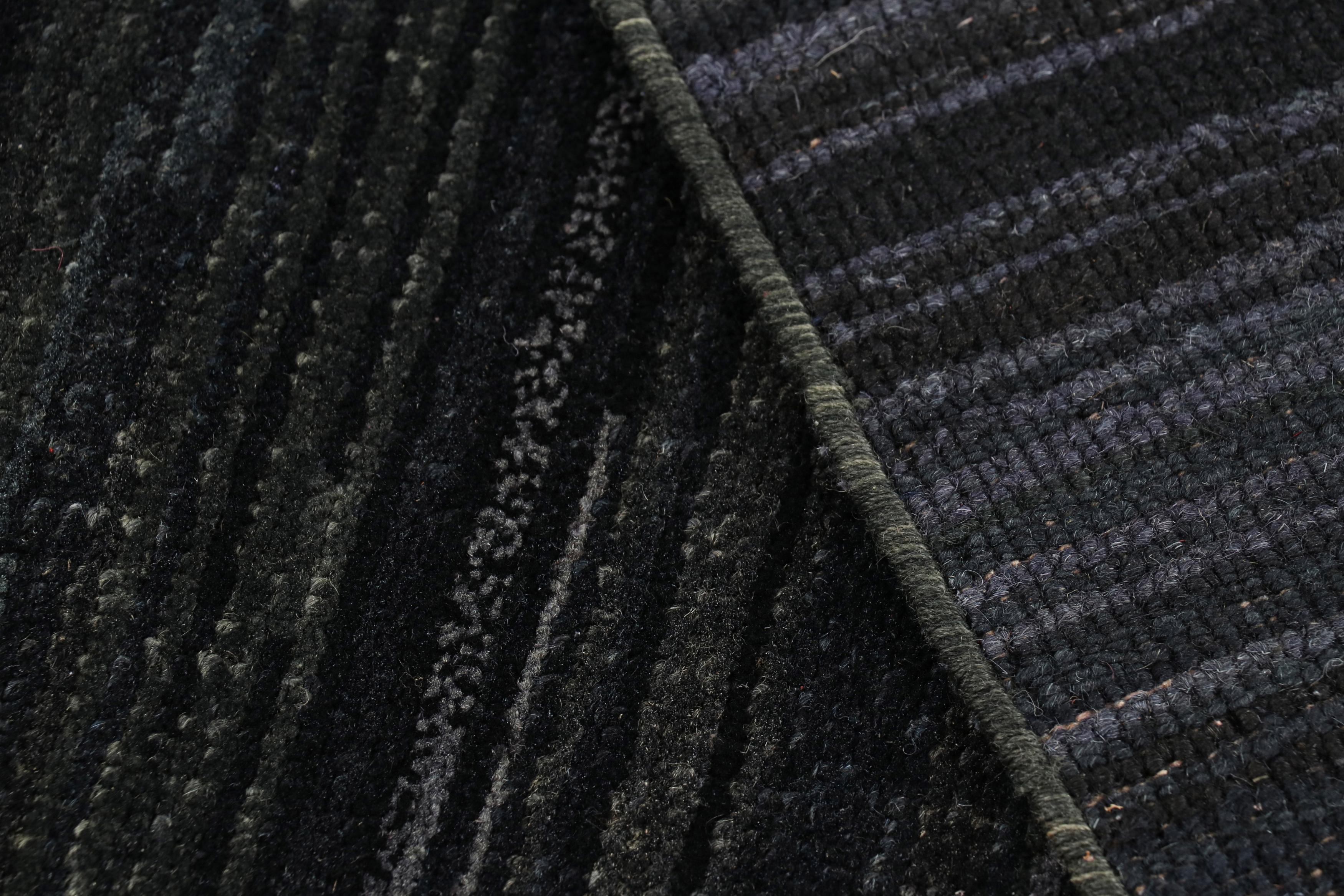 Silk Rug & Kilim’s Modern Textural Rug in Grisaille Blue and Black Stripes and Striae For Sale