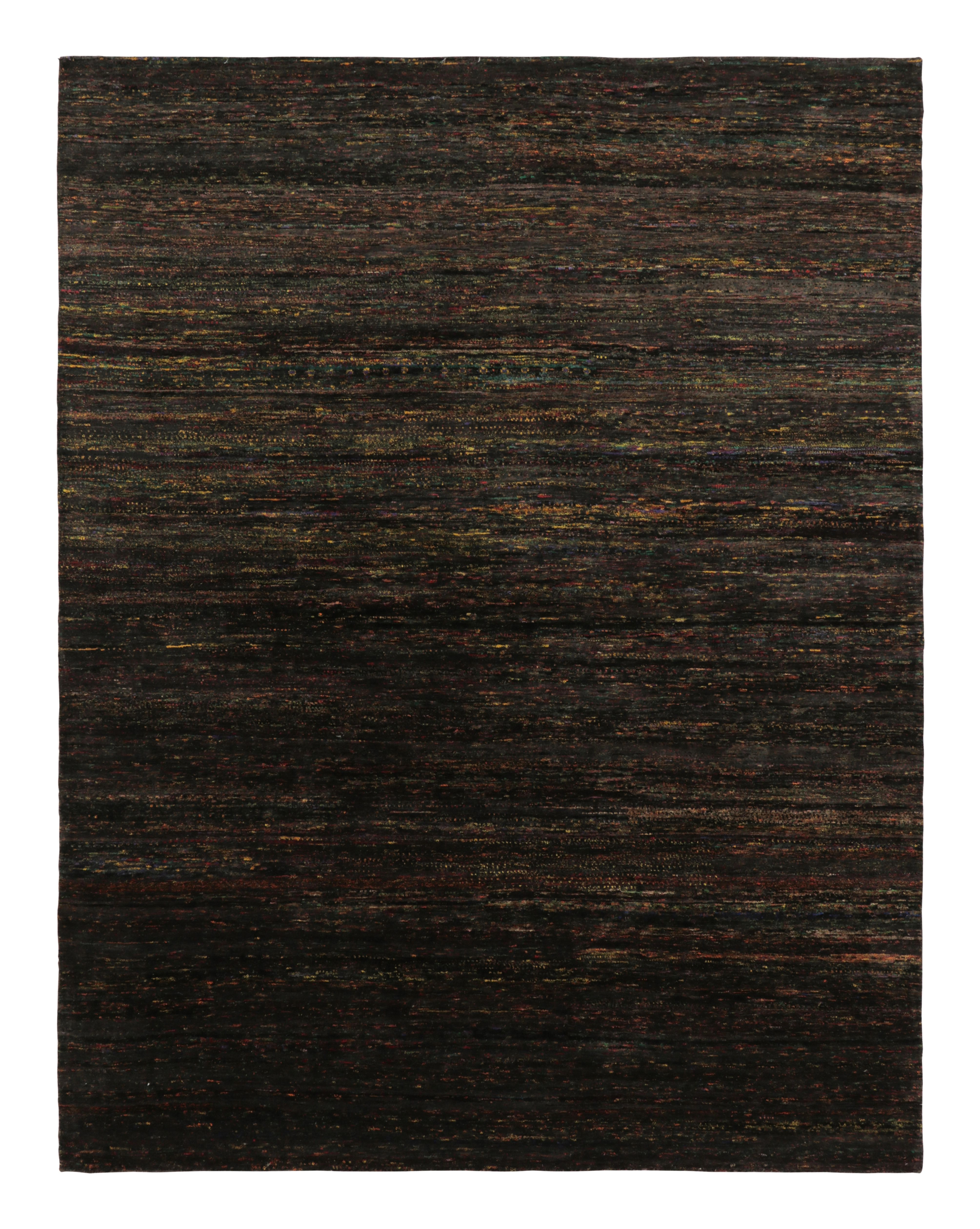 Rug & Kilim’s Modern Textural Rug, Polychromatic Striae on Rich Black Tones For Sale