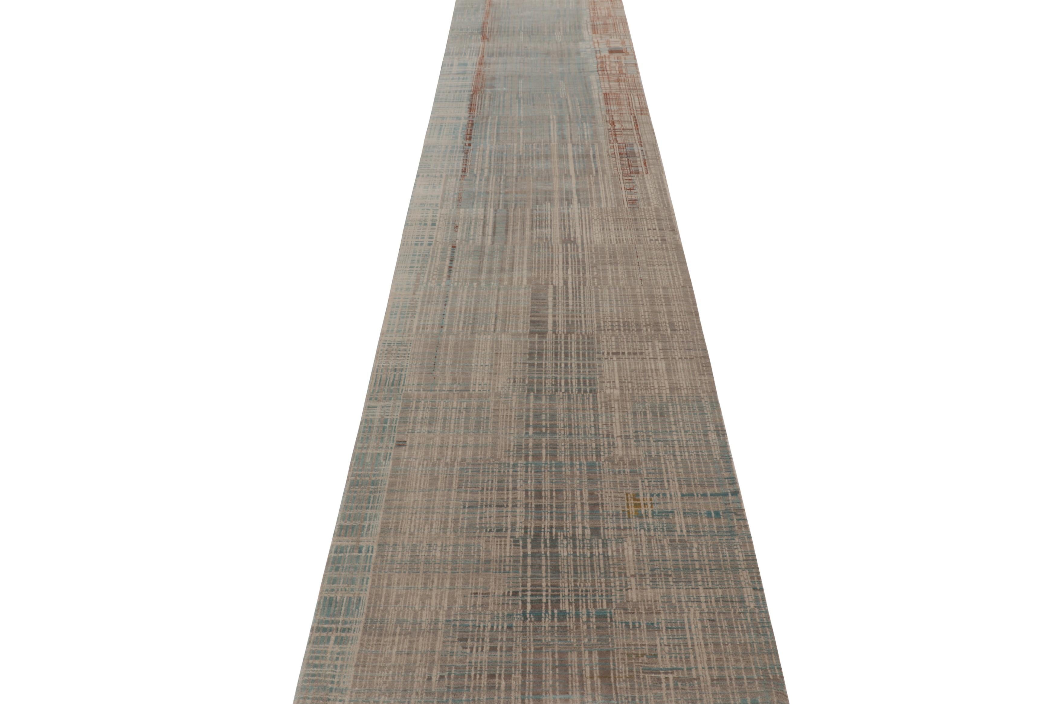 Indien Tapis & Kilim's Modern Textural Runner in Beige & Blue Geometric Stripes & Striae en vente