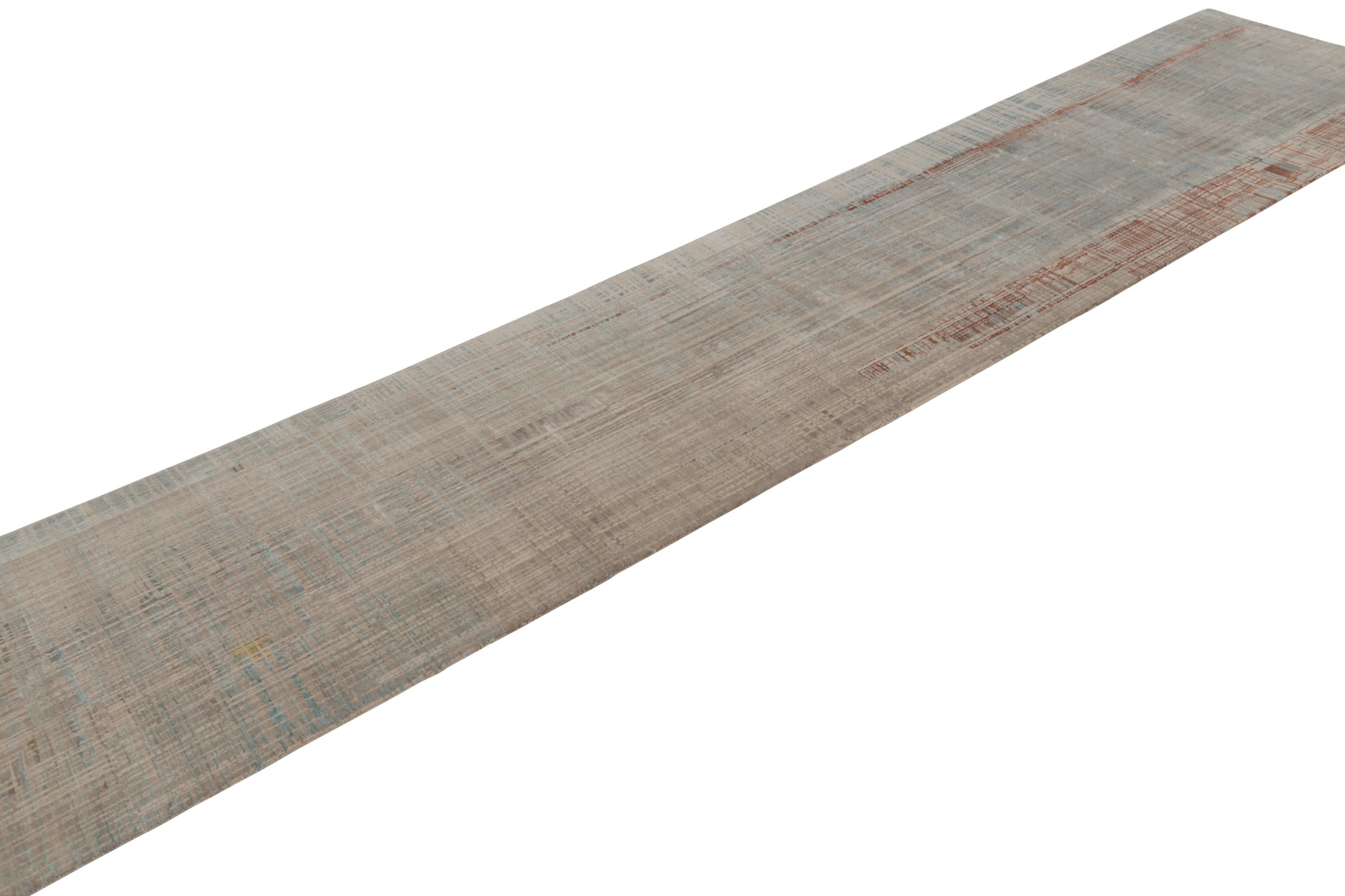 Noué à la main Tapis & Kilim's Modern Textural Runner in Beige & Blue Geometric Stripes & Striae en vente