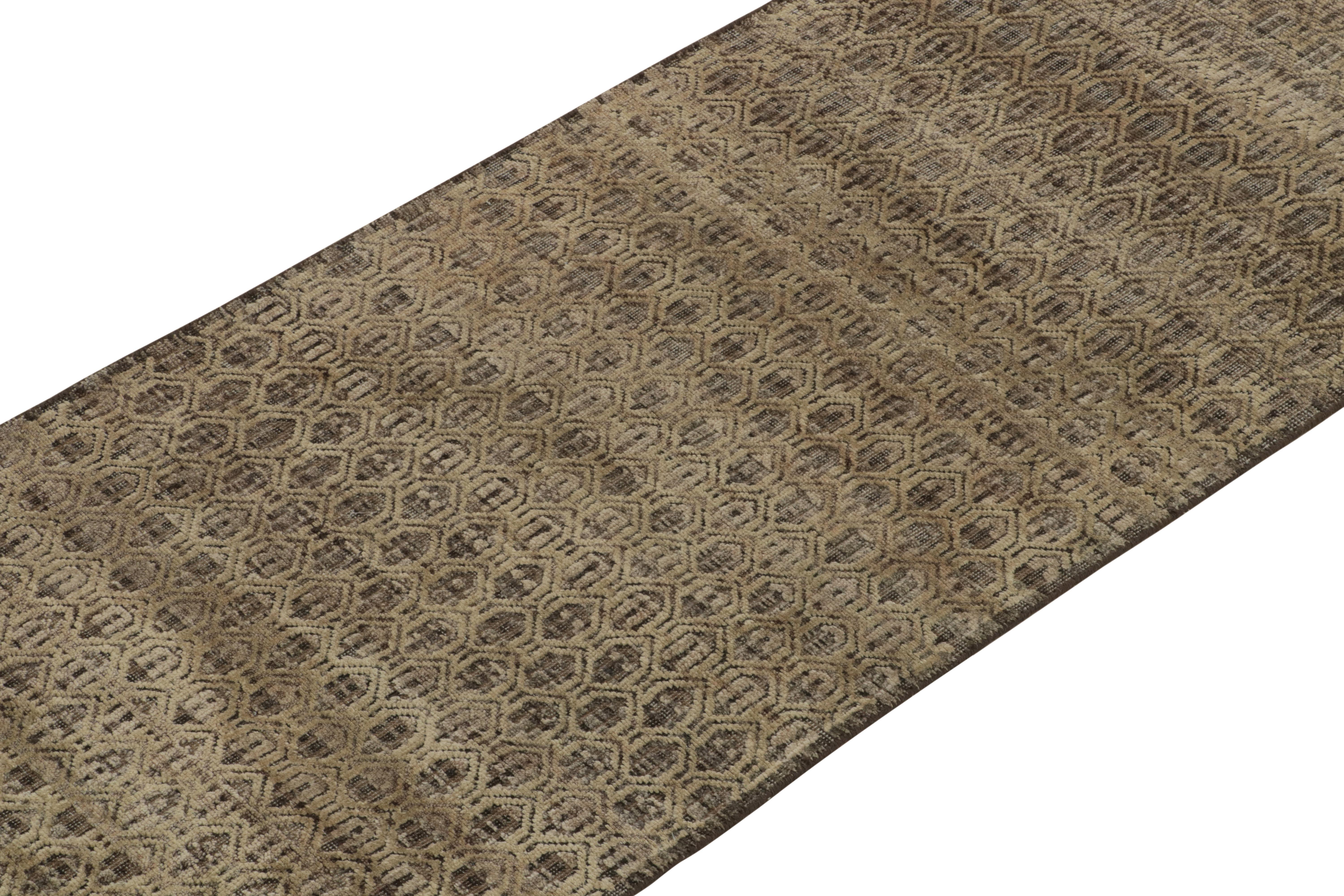 Hand-Knotted Rug & Kilim’s Modern Textural Runner in Beige-Brown High-Low Geometric Patterns For Sale