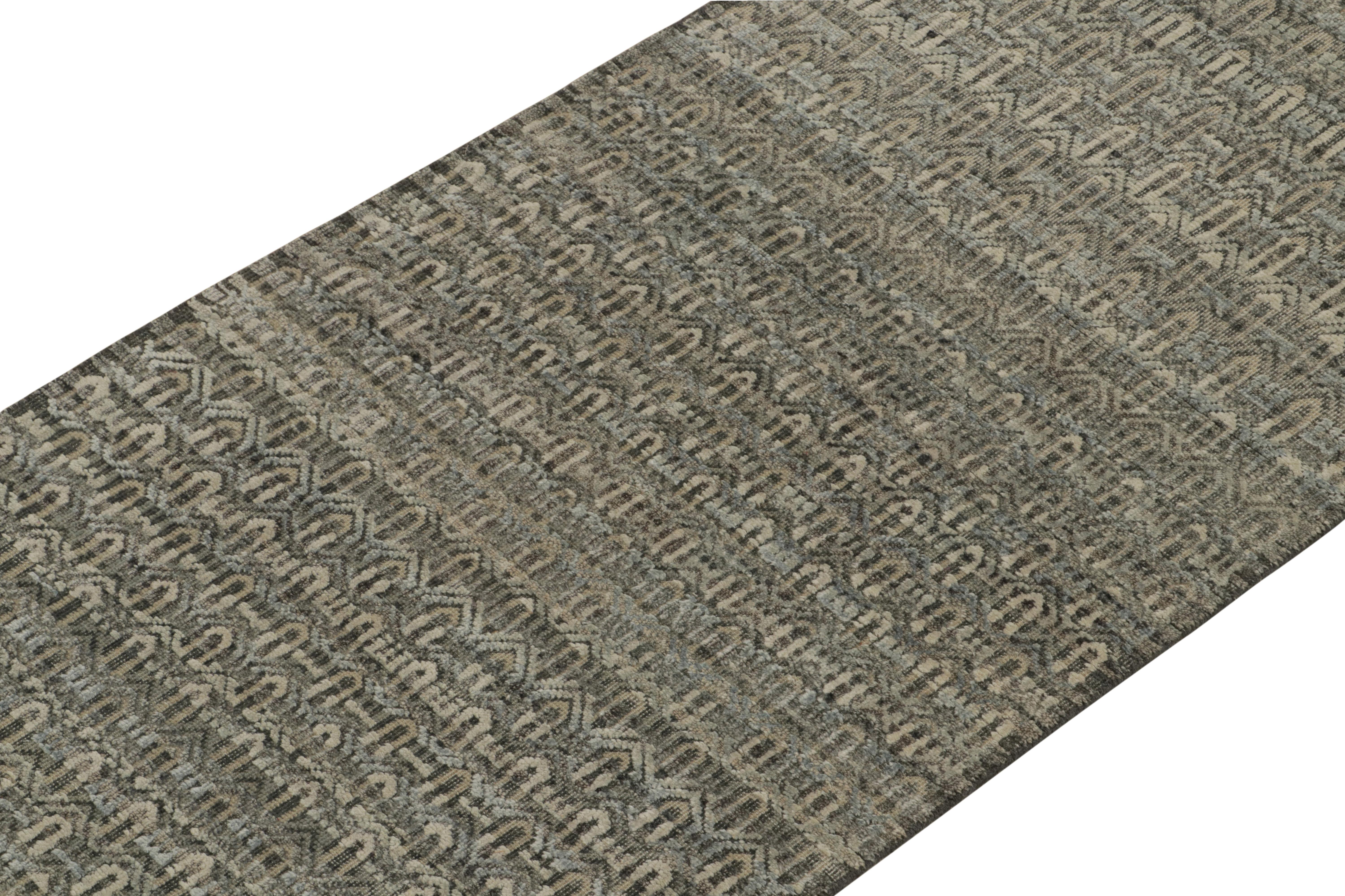 Hand-Knotted Rug & Kilim’s Modern Textural Runner in Beige, White & Blue Geometric Pattern For Sale