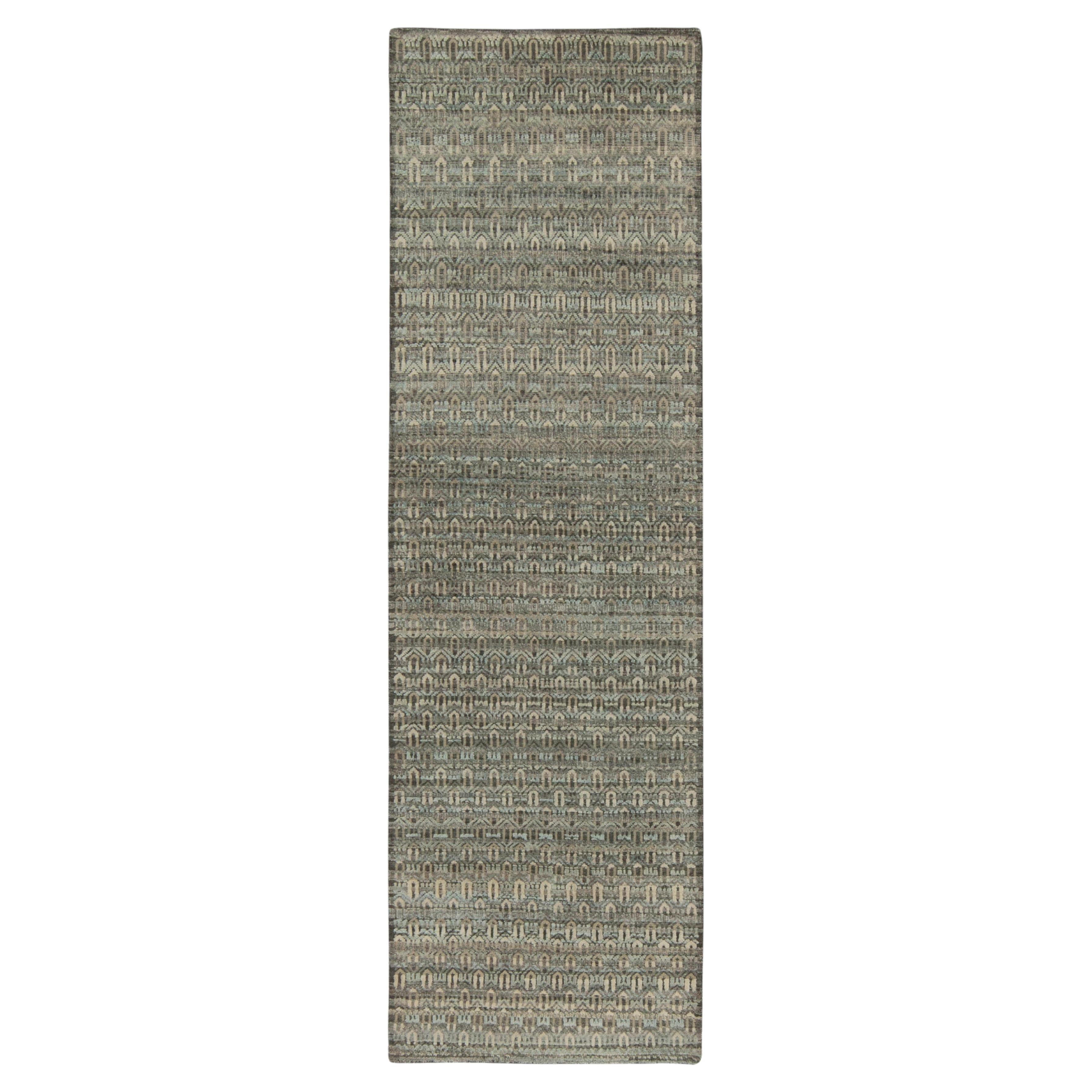 Rug & Kilim’s Modern Textural Runner in Beige, White & Blue Geometric Pattern