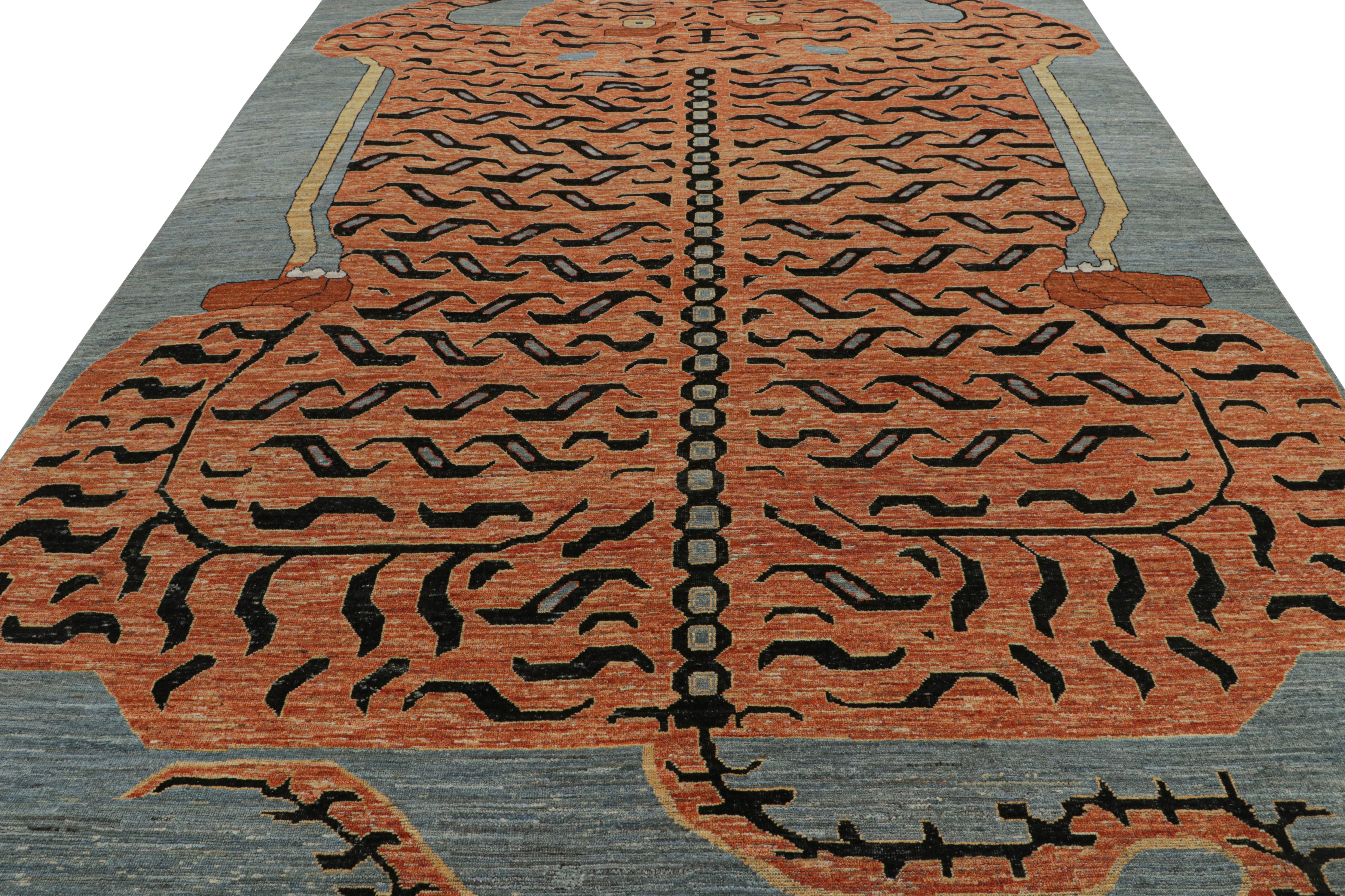 Indian Rug & Kilim’s Modern Tiger Pictorial Rug Design in Burnt Orange and Blue For Sale