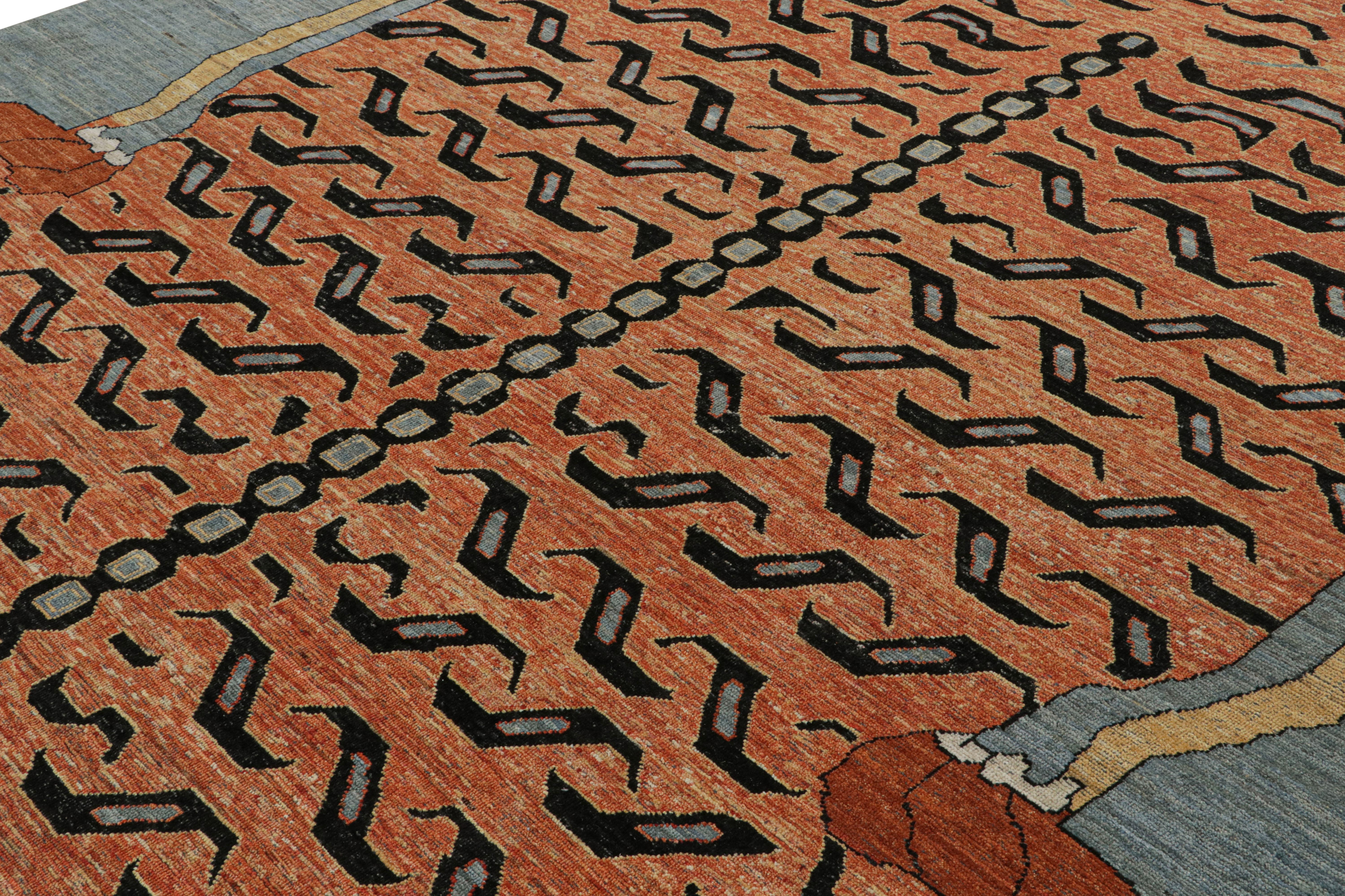 Indiano Rug & Kilim: il design del tappeto pittorico Tiger moderno in arancione e blu bruciato in vendita