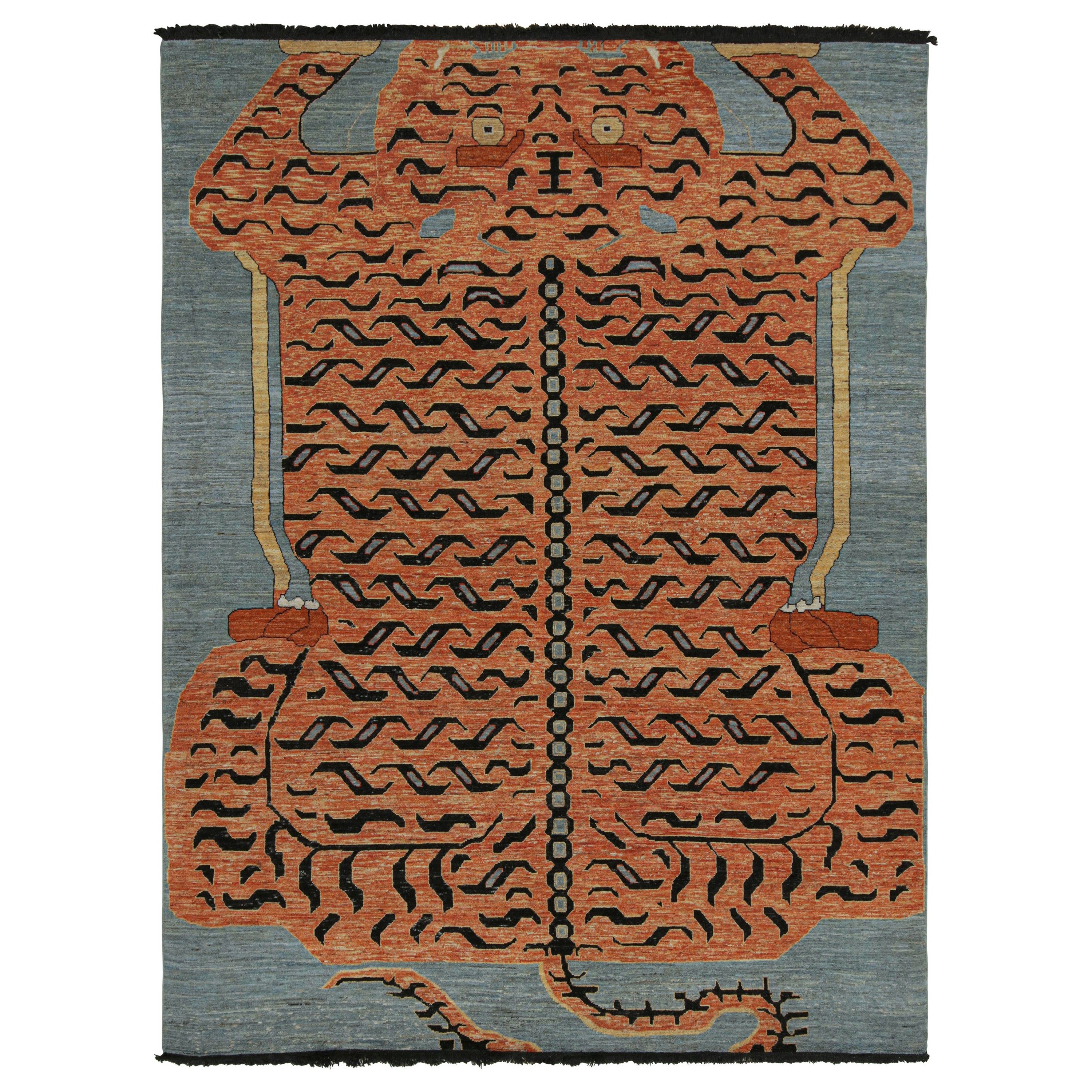 Rug
Kilim
s Modern Tiger Pictorial Rug Design in gebranntem Orange und Blau