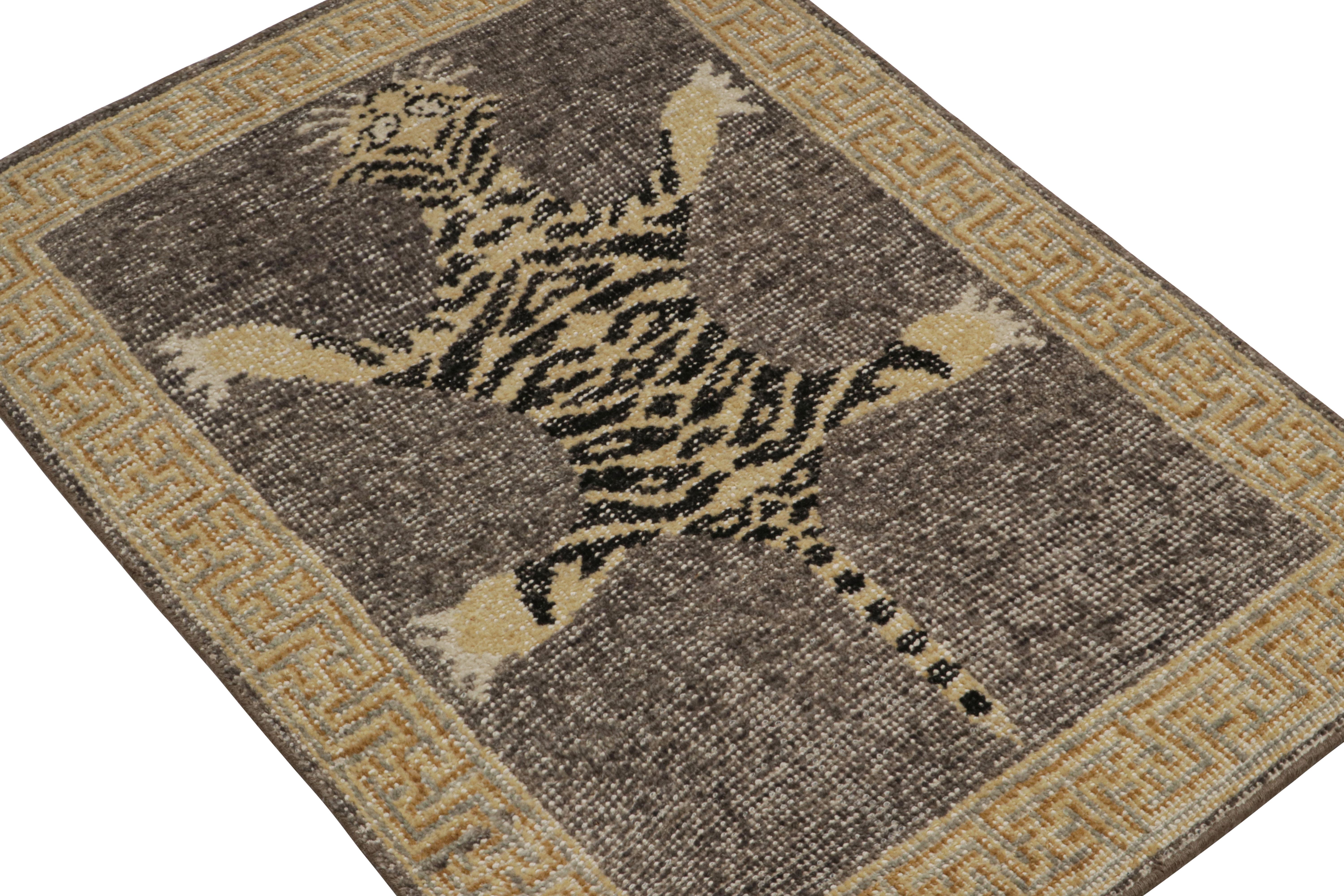 Rug & Kilim’s Modern Tiger Skin Accent Pictorial Rug Design in Gray, Beige and Black 
Description: Hand-knotted in wool, this 2x3 modern tiger pictorial rug features a vibrant colorway of gray, beige and black tones. 

On the Design: 

Hand-knotted