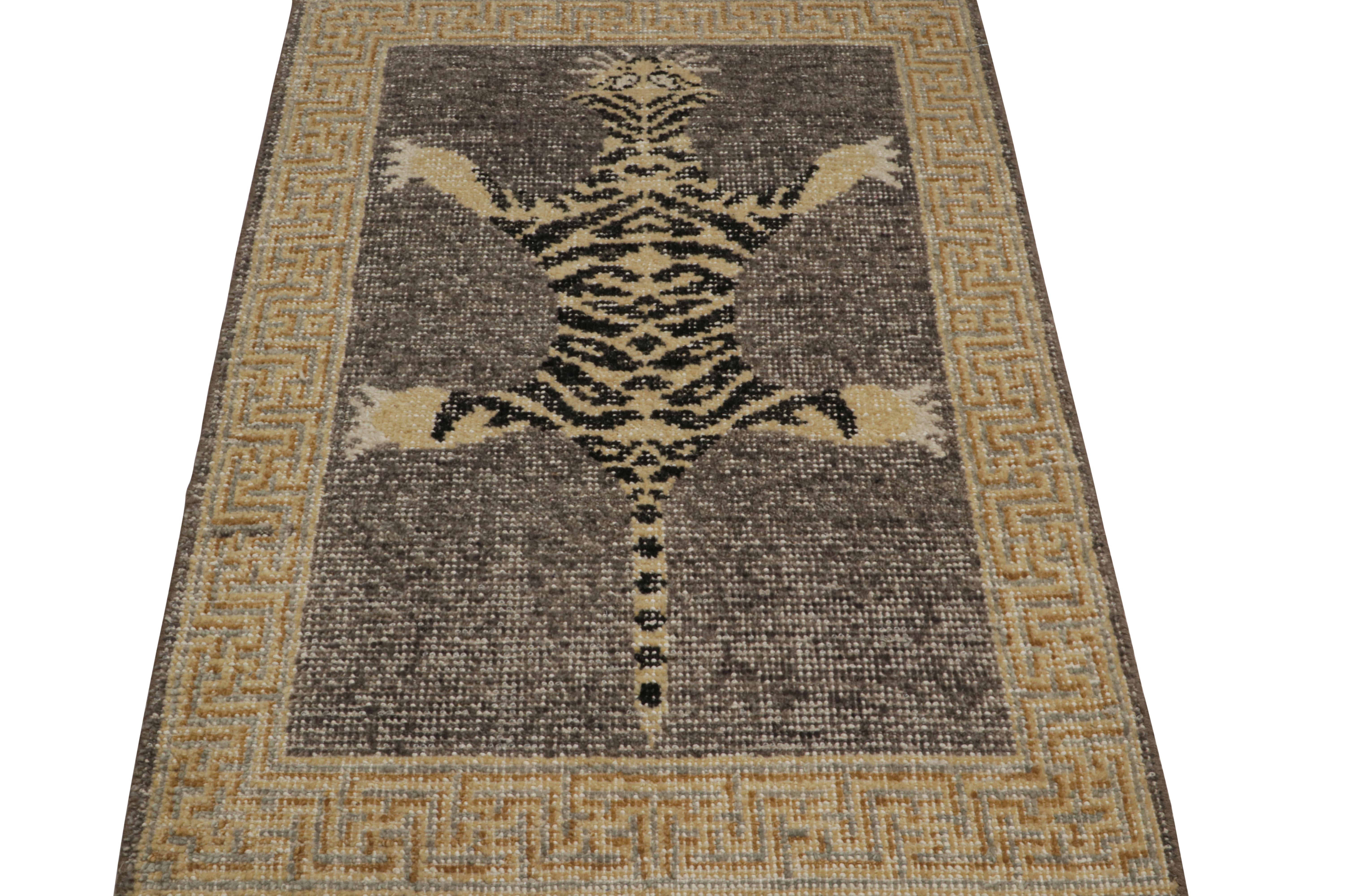 Indian Rug & Kilim’s Modern Tiger Skin Accent Pictorial Rug in Gray, Beige and Black For Sale