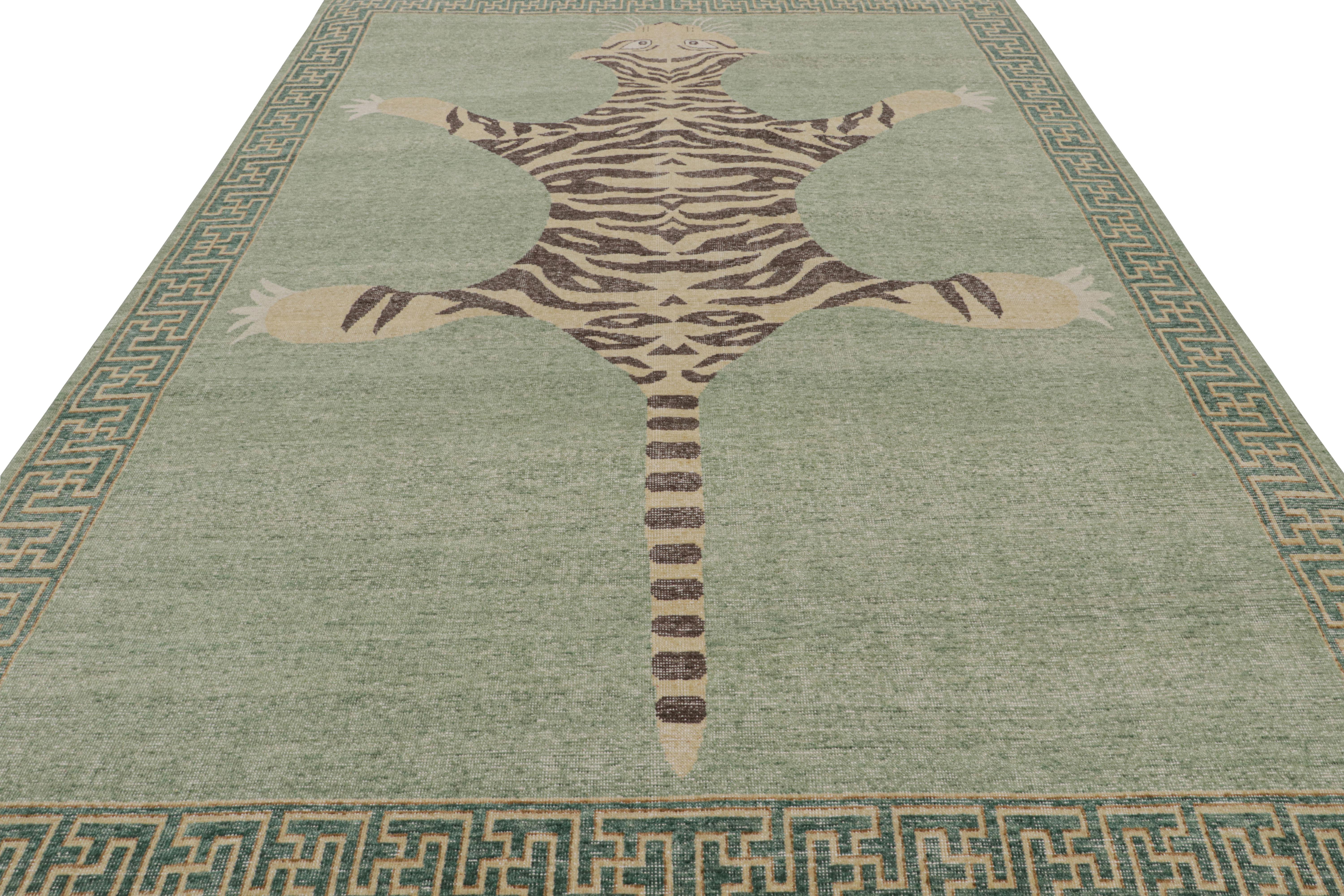 Indian Rug & Kilim’s Modern Tiger Skin Pictorial Rug in Green, Beige and Brown For Sale