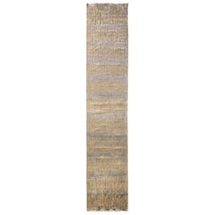 Tapis de couloir transitionnel moderne Kilim en laine et soie bleu beige