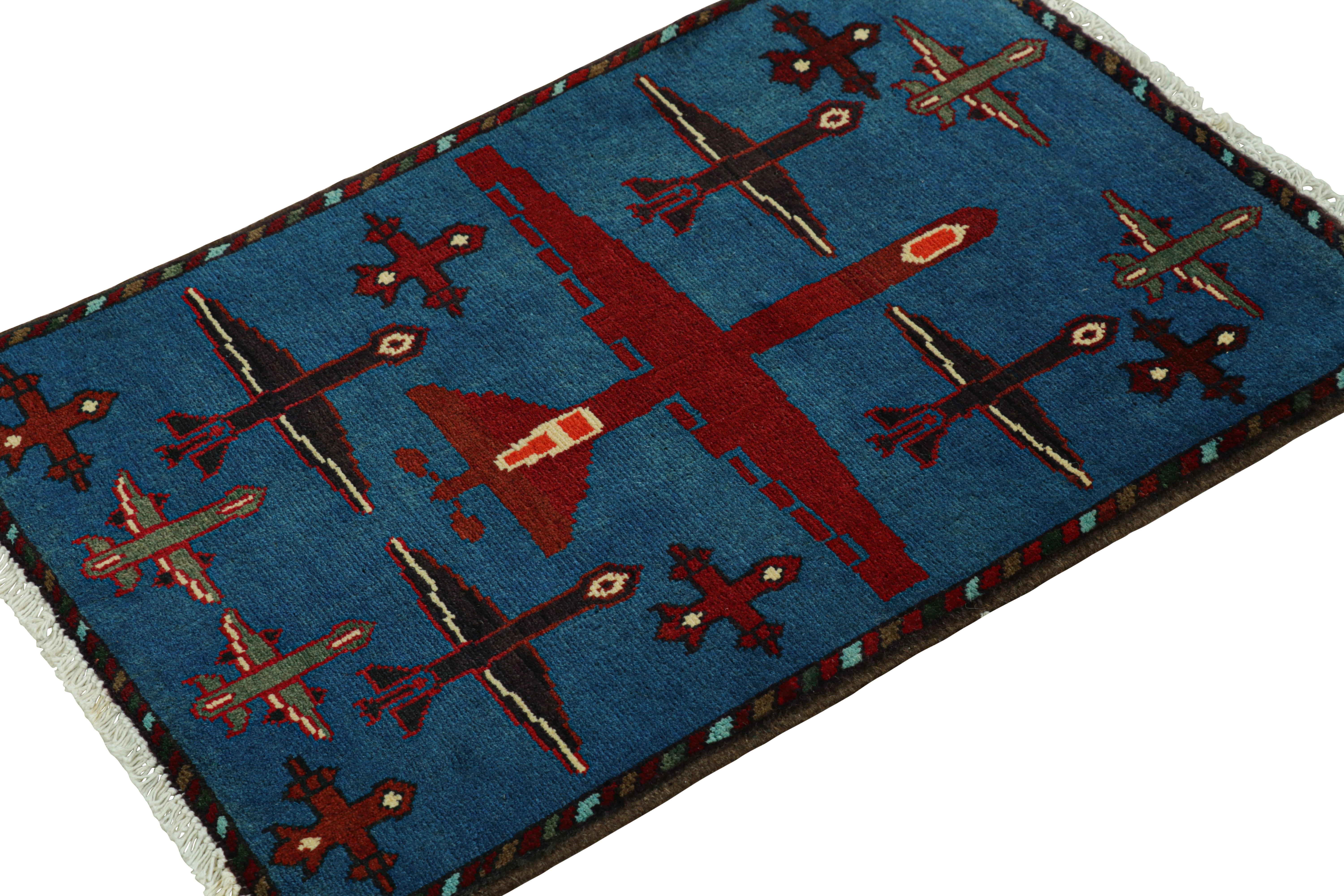 Hand-Knotted Rug & Kilim’s Modern Tribal Rug in Blue with Airplane Pictorials For Sale