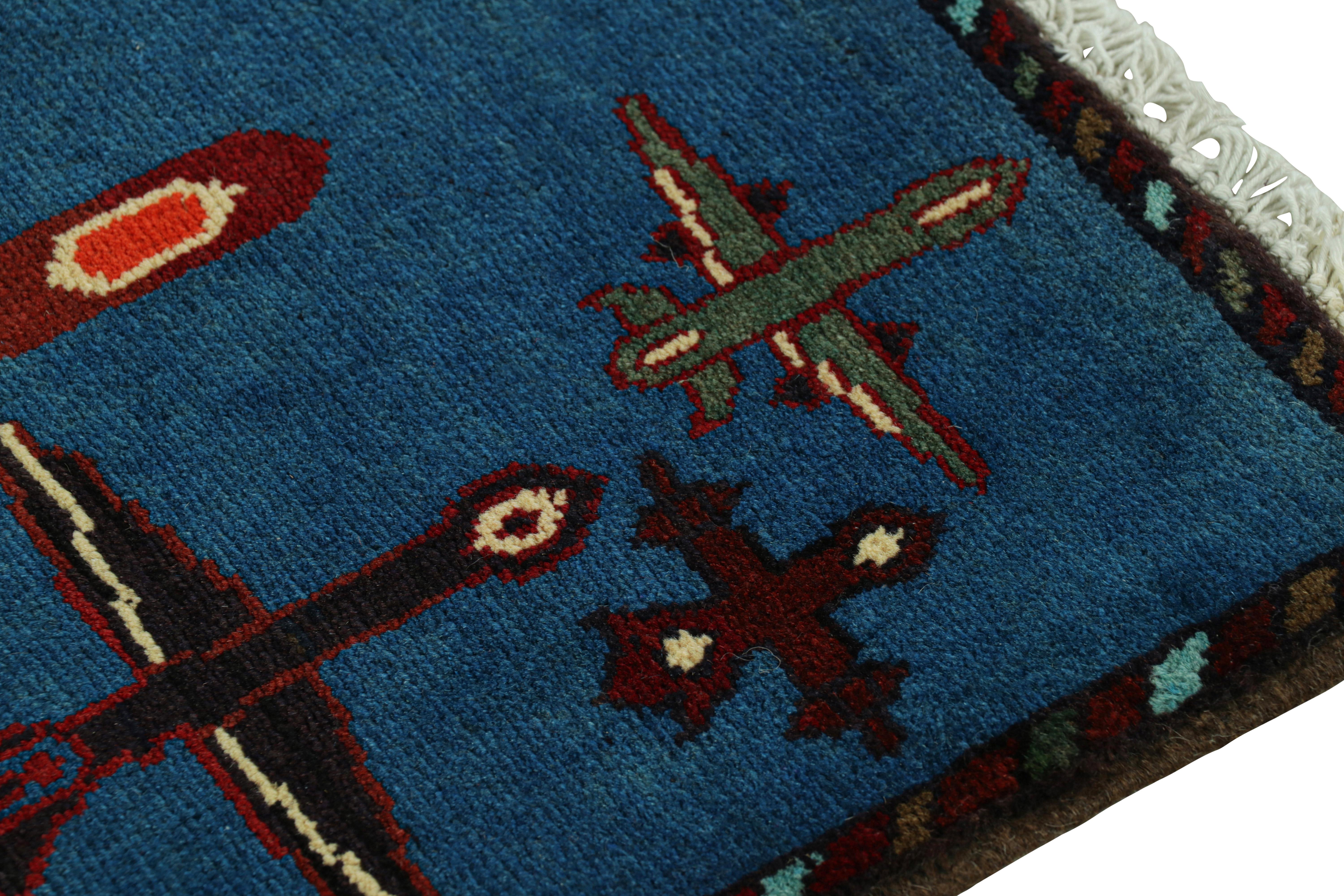 Contemporary Rug & Kilim’s Modern Tribal Rug in Blue with Airplane Pictorials For Sale