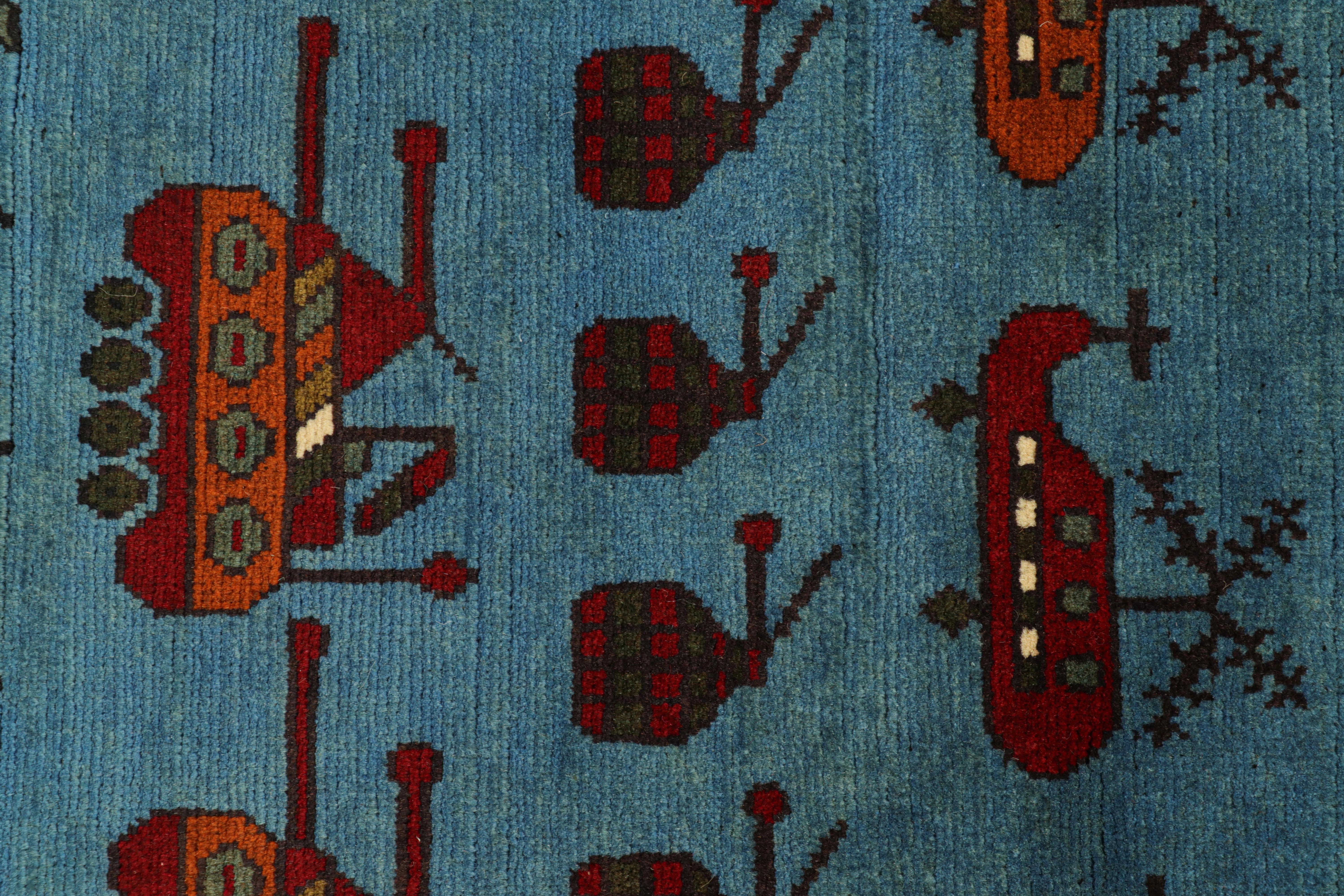 Afghan Rug & Kilim’s Modern Tribal Rug in Blue with Helicopters and Tank Pictorials For Sale