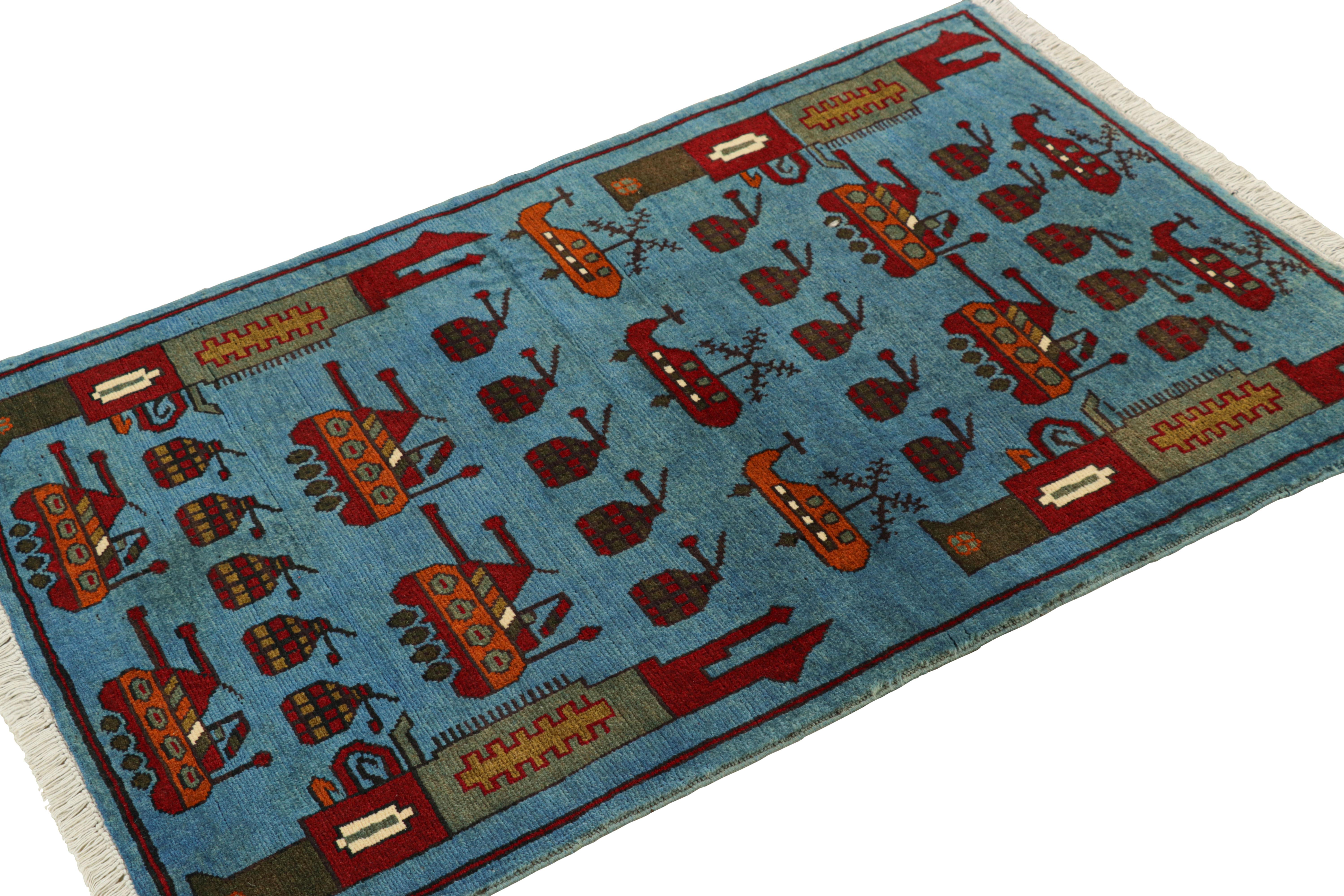 Hand-Knotted Rug & Kilim’s Modern Tribal Rug in Blue with Helicopters and Tank Pictorials For Sale