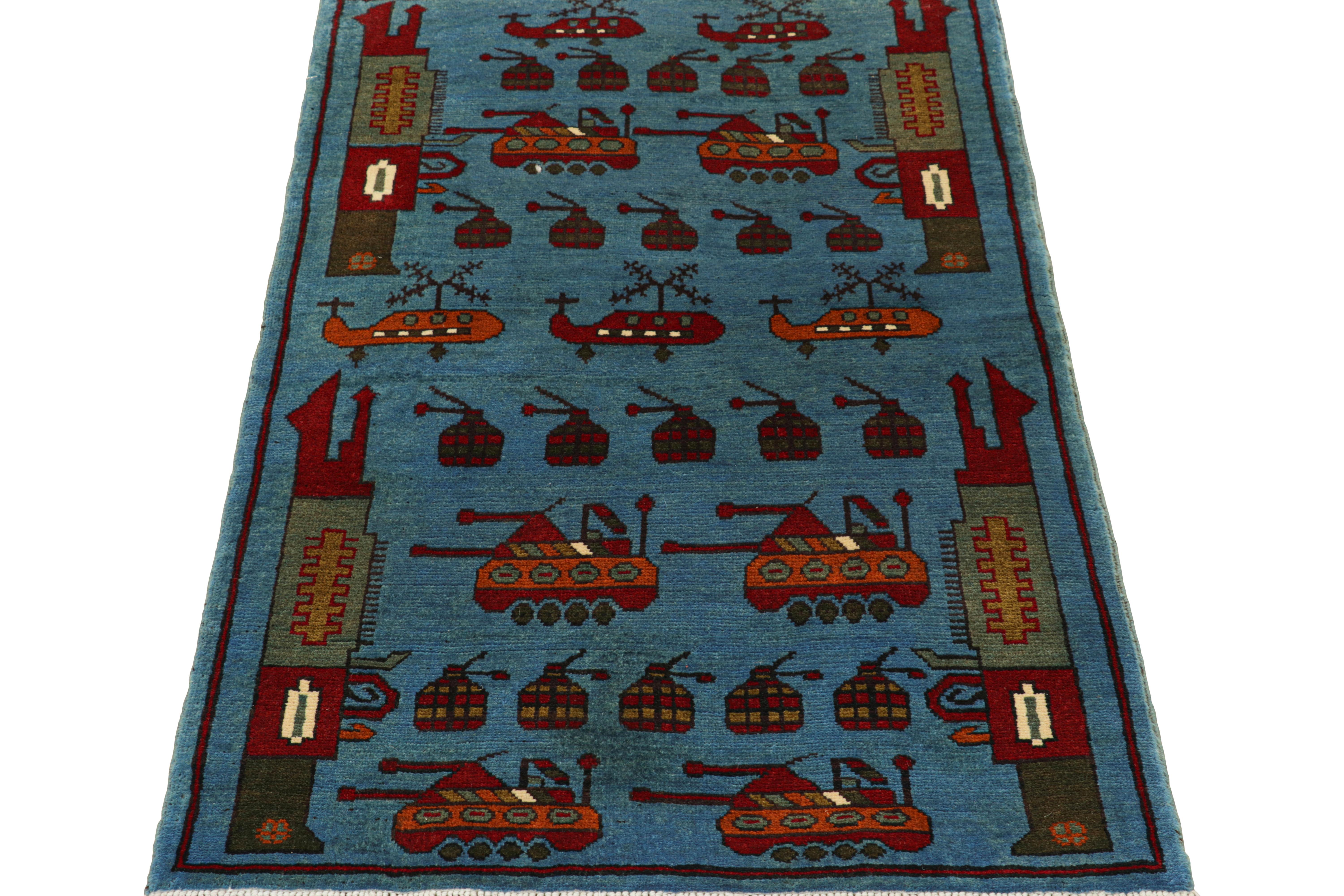 Rug & Kilim’s Modern Tribal Rug in Blue with Helicopters and Tank Pictorials In New Condition For Sale In Long Island City, NY