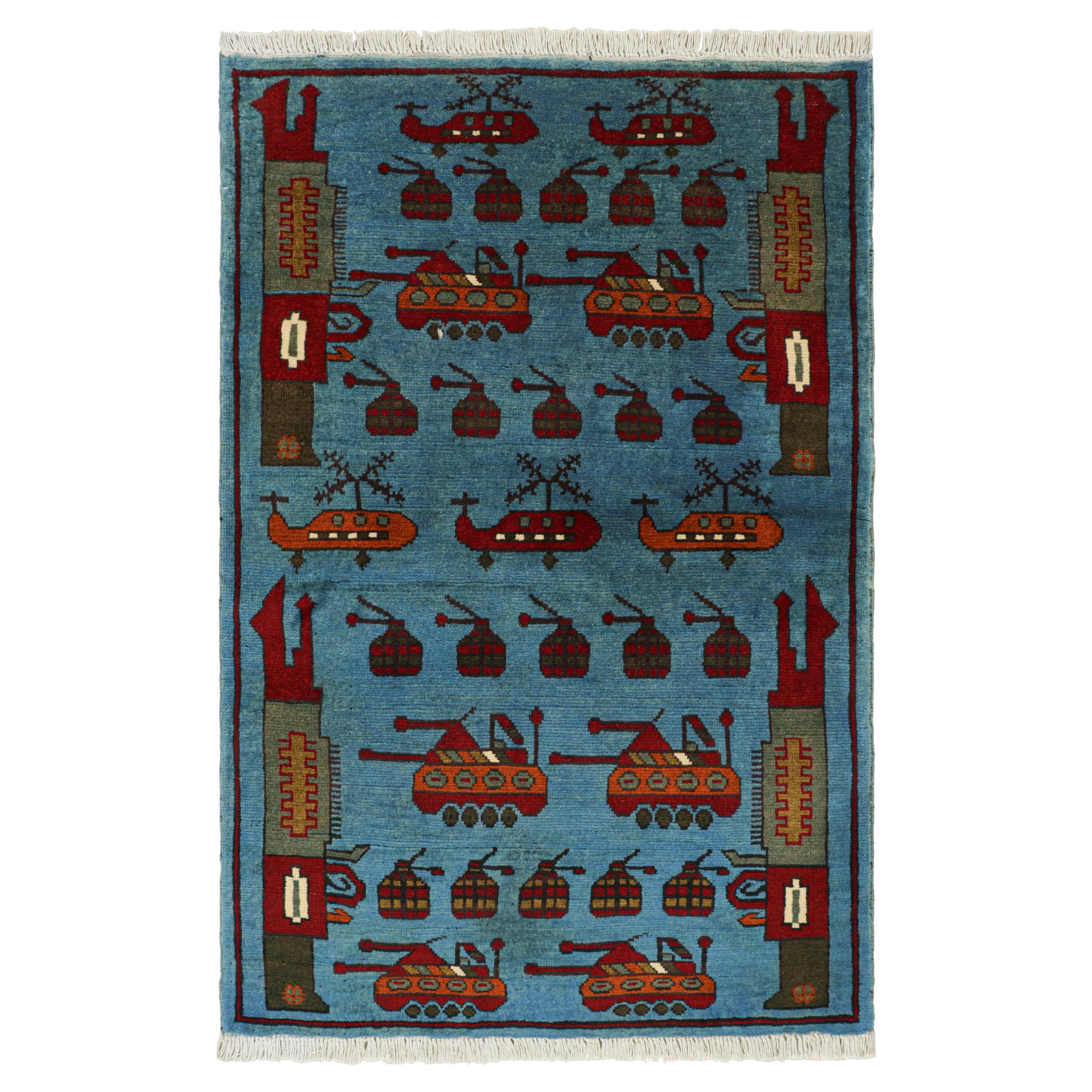 Rug
Kilim’s Modern Tribal Rug in Blue with Helicopters and Tank Pictorials