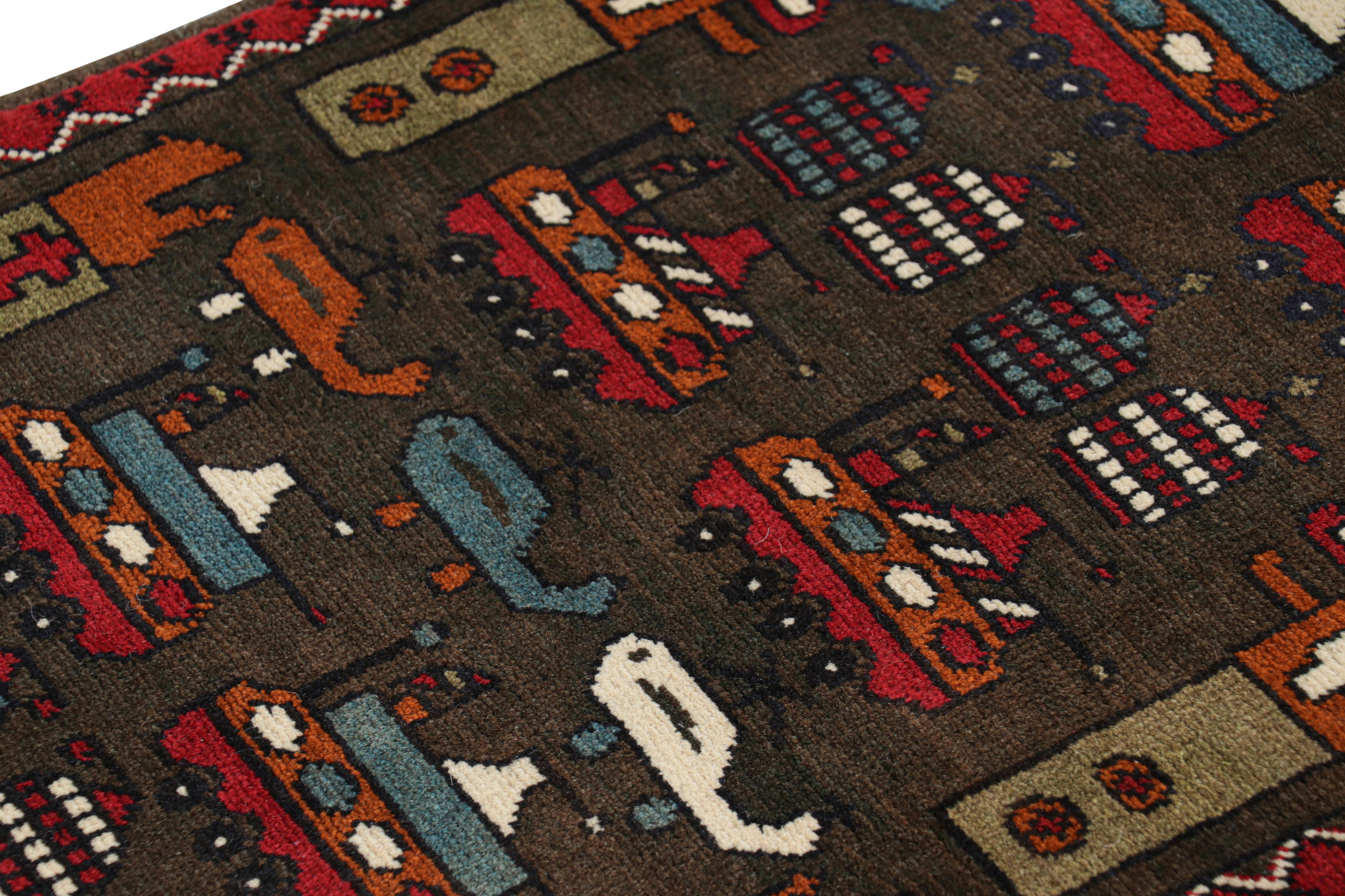 Hand knotted in wool, this 2x3 modern pictorial rug represents a new line of tribal carpets in the Modern Classics Collection by Rug & Kilim. Each piece represents the work of women weavers in Afghanistan, preserving the rich tradition of their