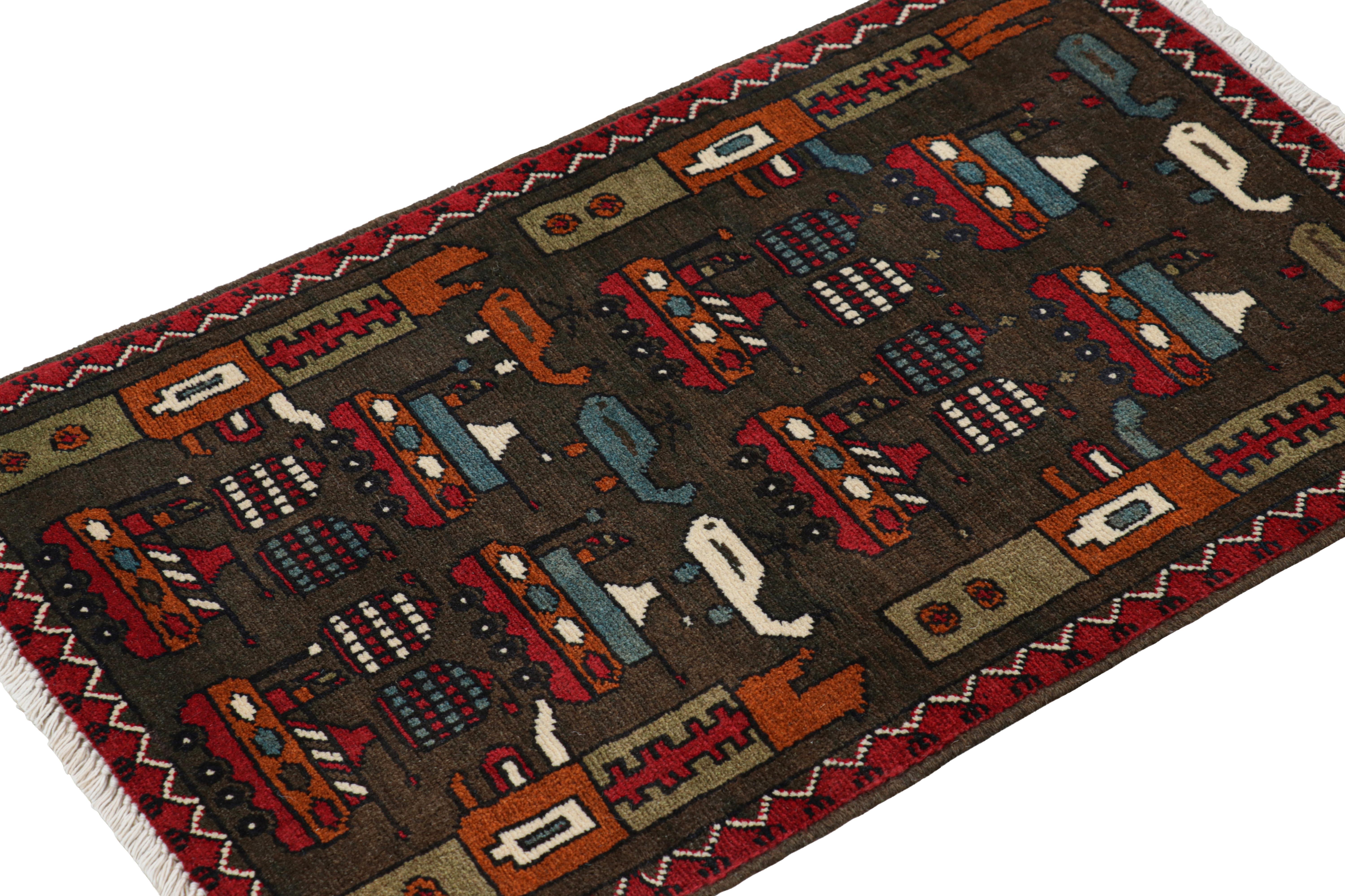 Hand-Knotted Rug & Kilim’s Modern Tribal Rug in Brown with Helicopters and Tank Pictorials For Sale