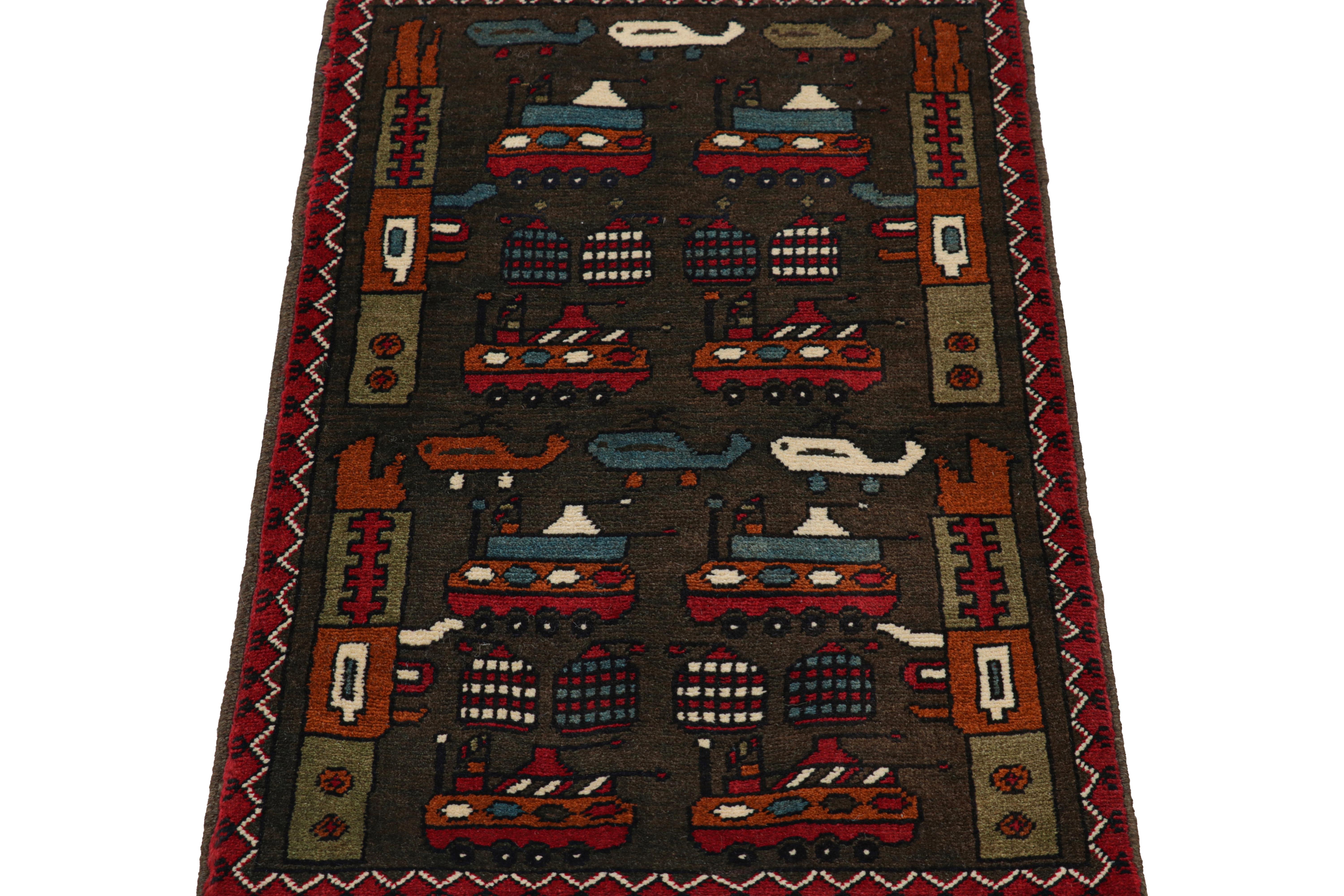 Rug & Kilim’s Modern Tribal Rug in Brown with Helicopters and Tank Pictorials In New Condition For Sale In Long Island City, NY