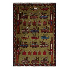 Rug 
Kilim’s Modern Tribal Rug in Green with Helicopters and Tank Pictorials