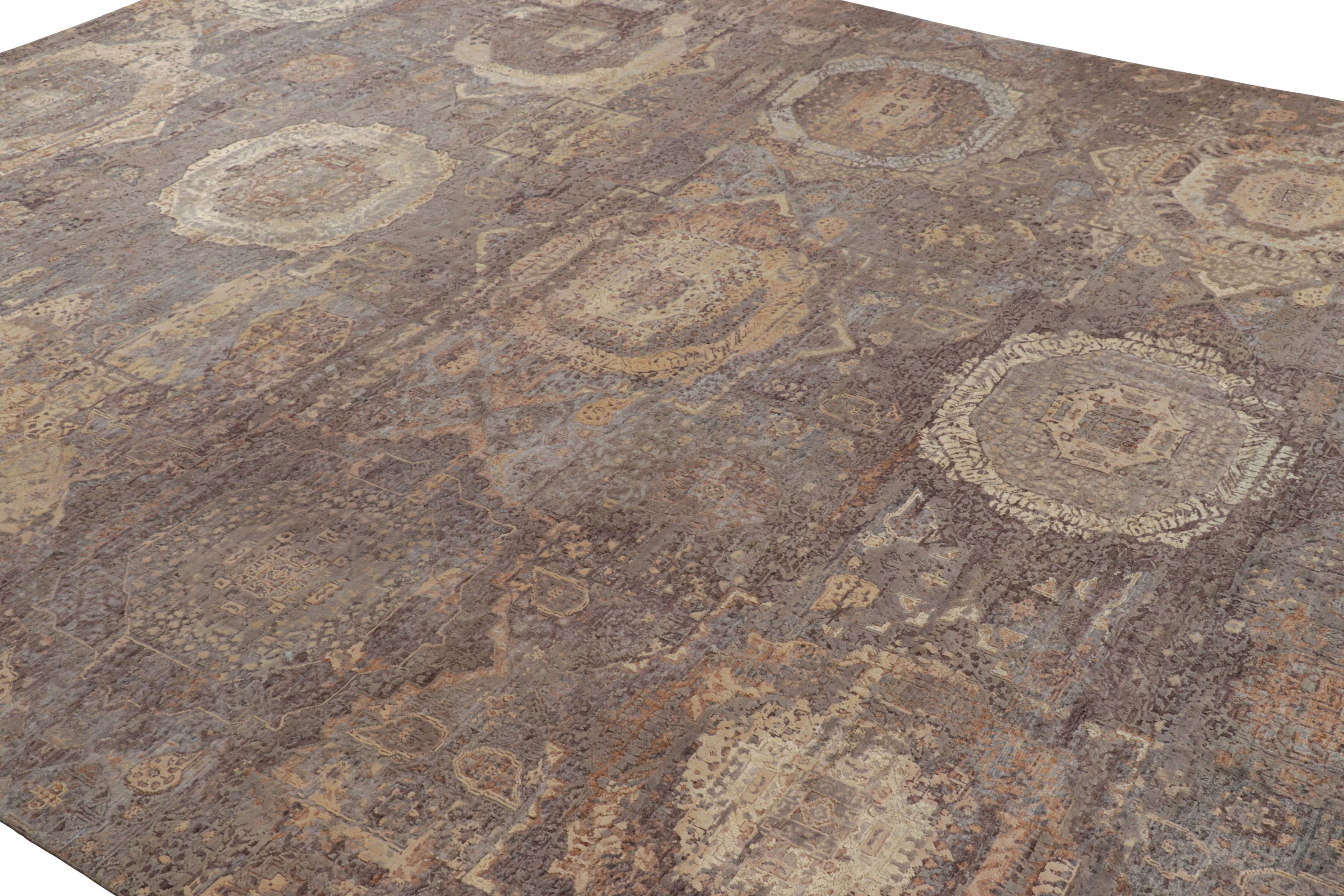 Hand-knotted in a luxurious blend of wool and silk, this 10x14 rug is a bold reimagining of Mogul rugs in Rug & Kilim’s most elegant Modern Classics Collection.

On the Design: 

This piece features large-scale geometric medallions that have a