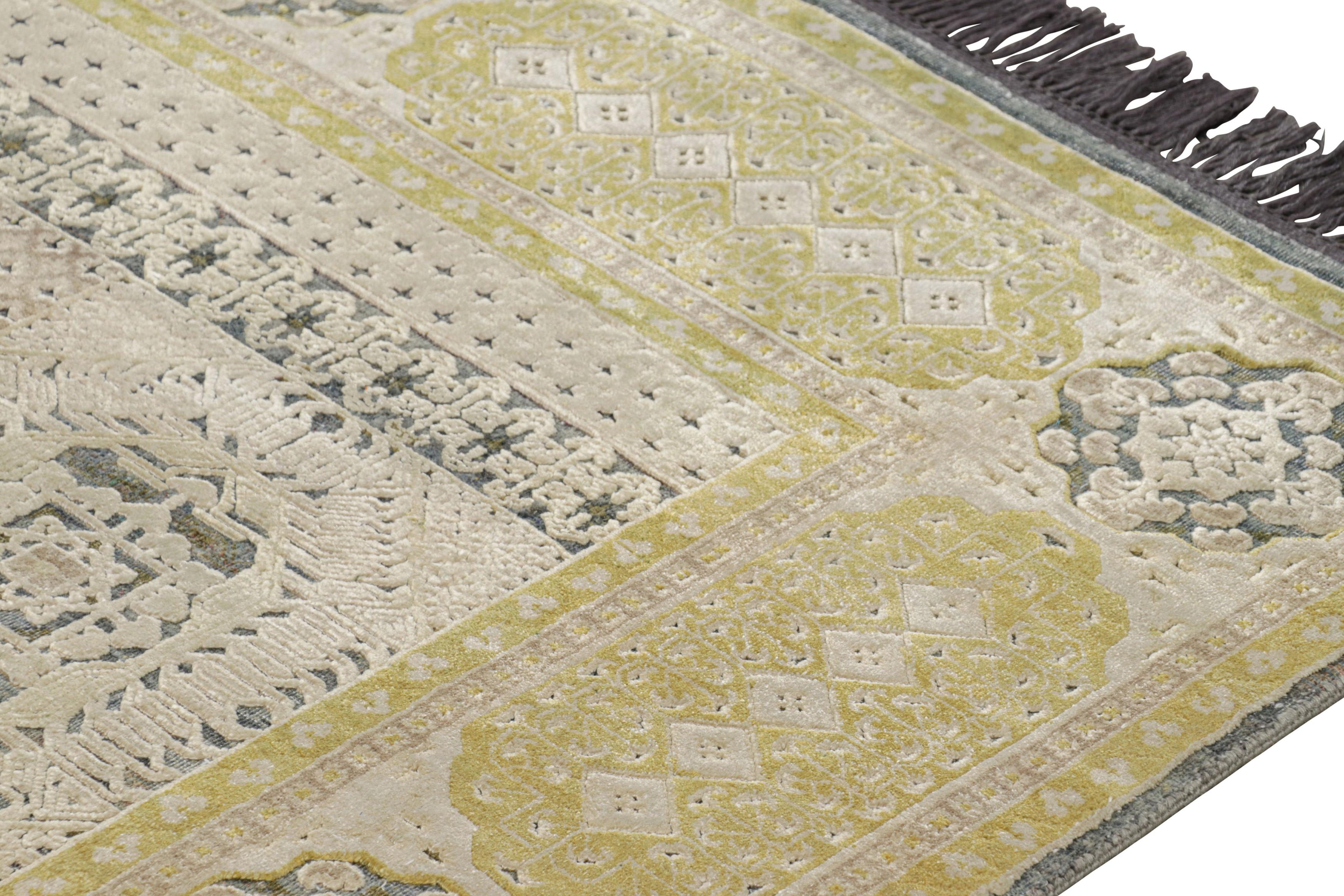 Modern Rug & Kilim's Mogul Style Rug in Gold, Gray and Beige Geometric Patterns For Sale