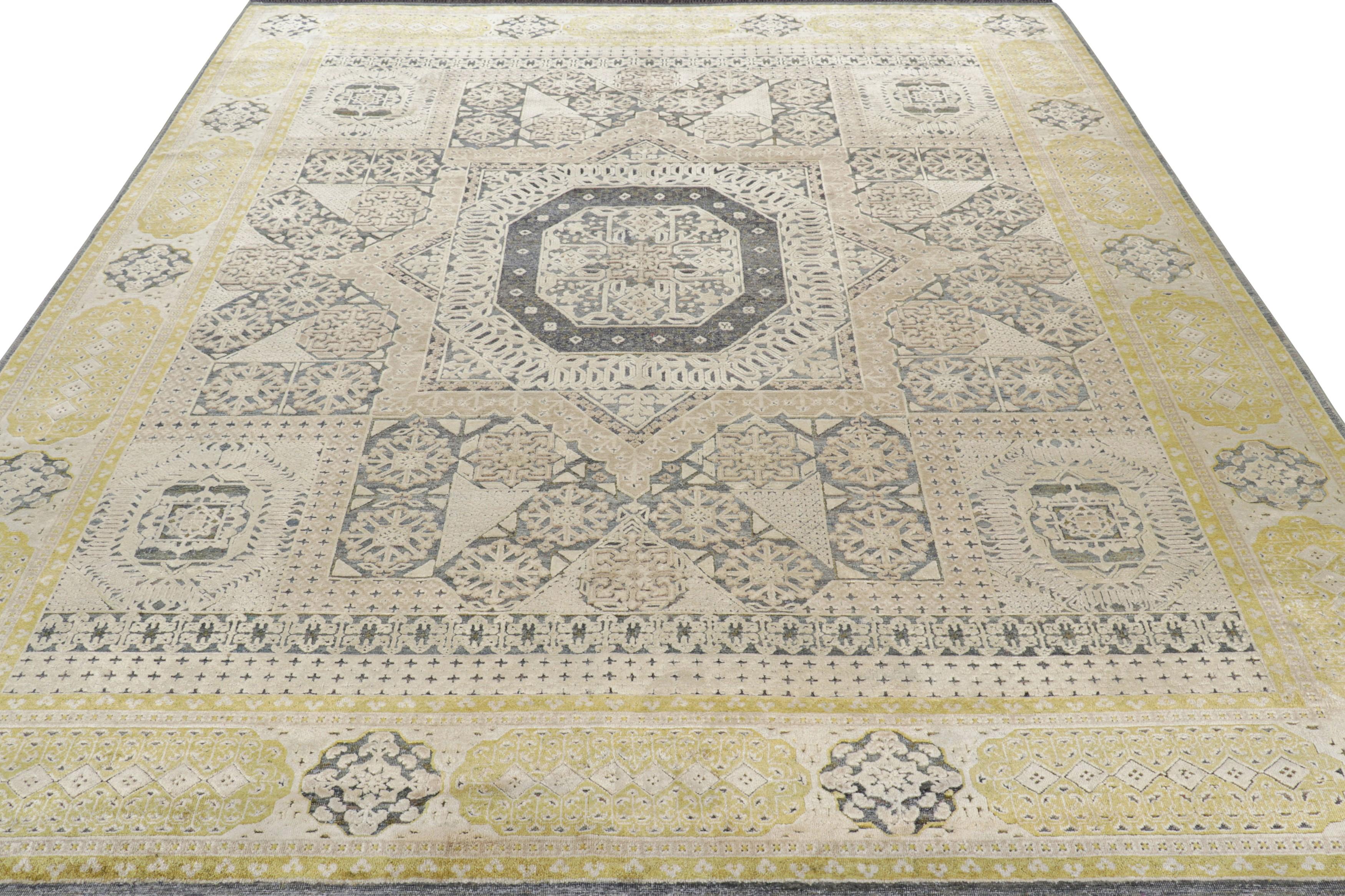 Indian Rug & Kilim's Mogul Style Rug in Gold, Gray and Beige Geometric Patterns For Sale