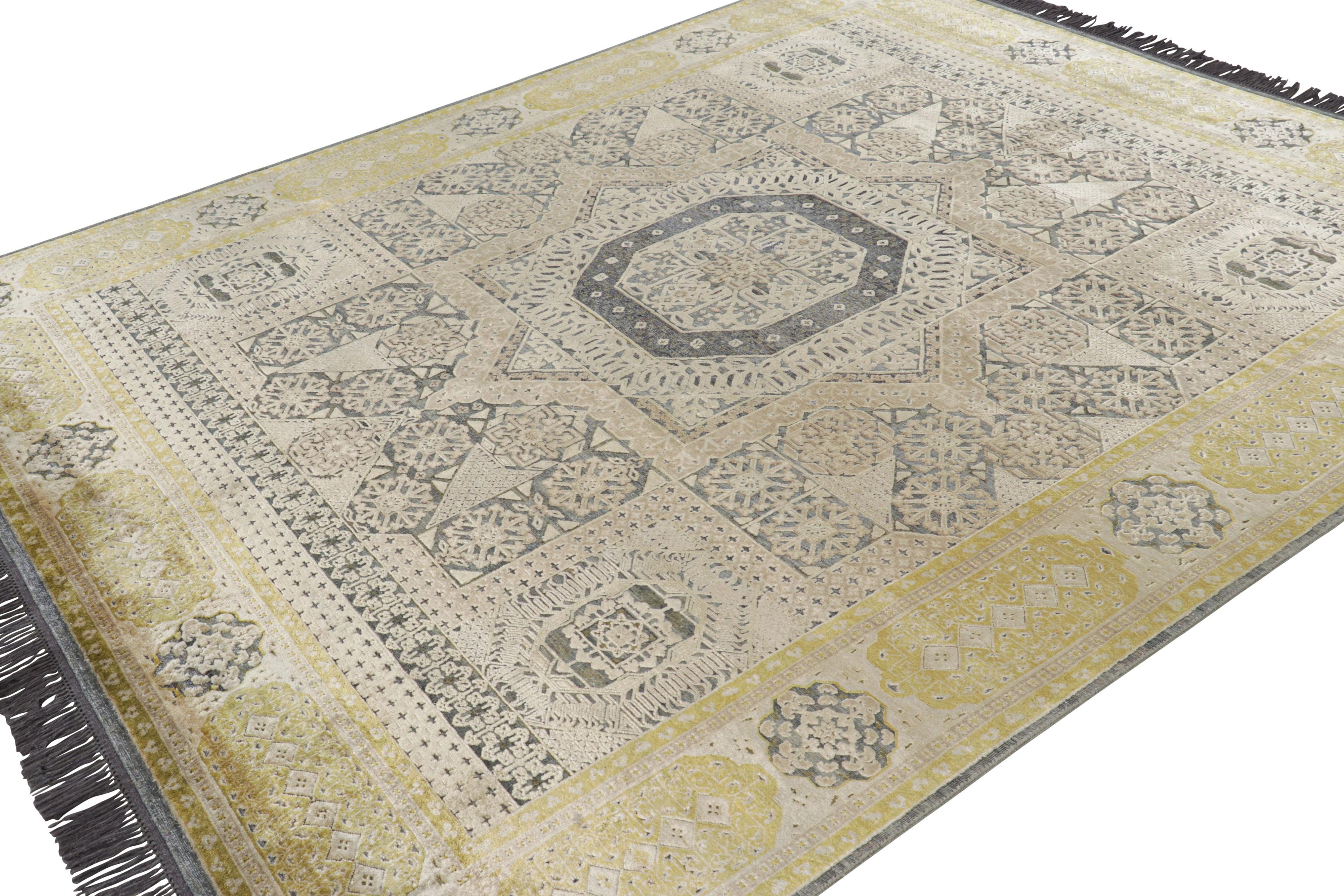 Hand-Knotted Rug & Kilim's Mogul Style Rug in Gold, Gray and Beige Geometric Patterns For Sale