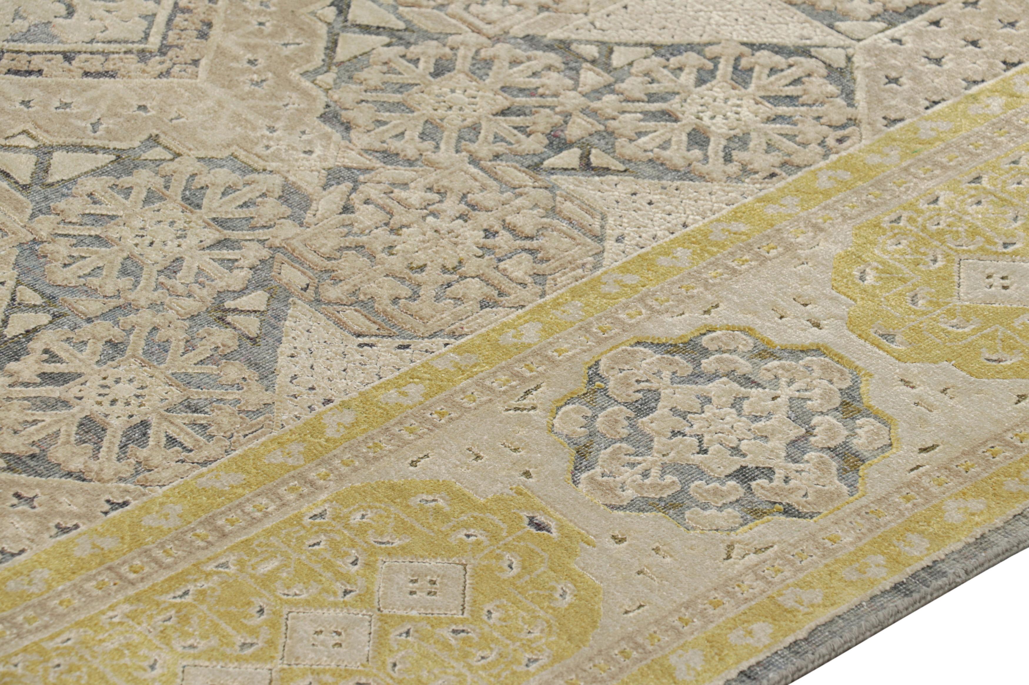Rug & Kilim's Mogul Style Rug in Gold, Gray and Beige Geometric Patterns In New Condition For Sale In Long Island City, NY
