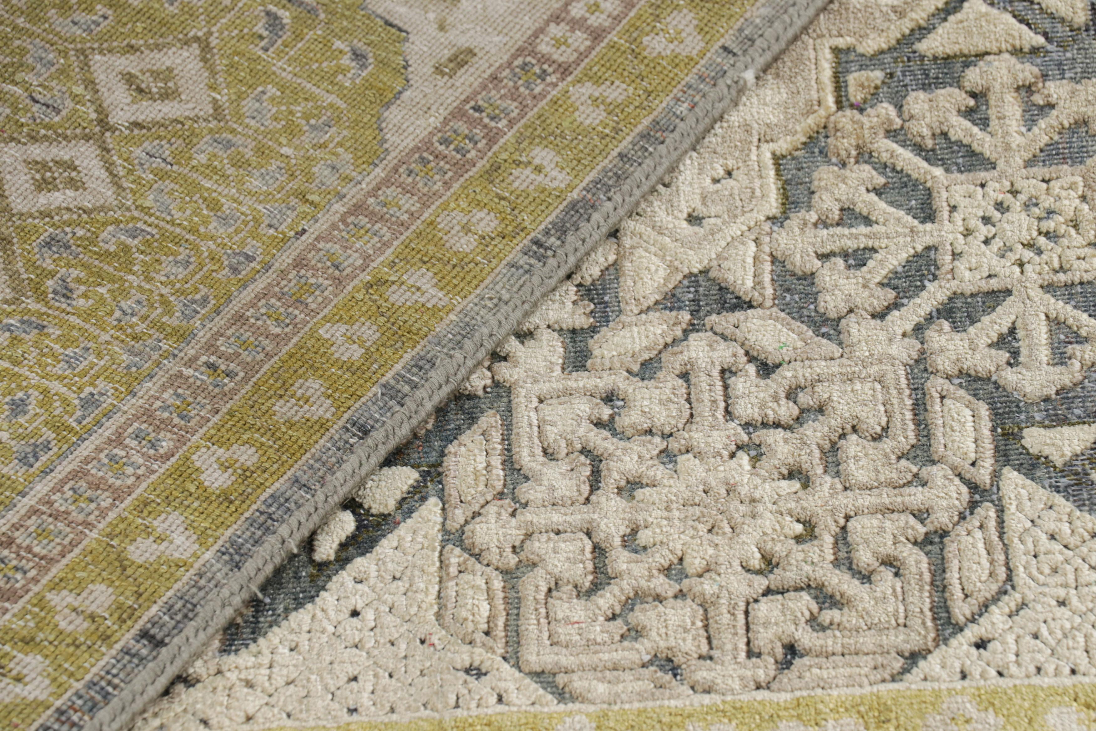 Contemporary Rug & Kilim's Mogul Style Rug in Gold, Gray and Beige Geometric Patterns For Sale