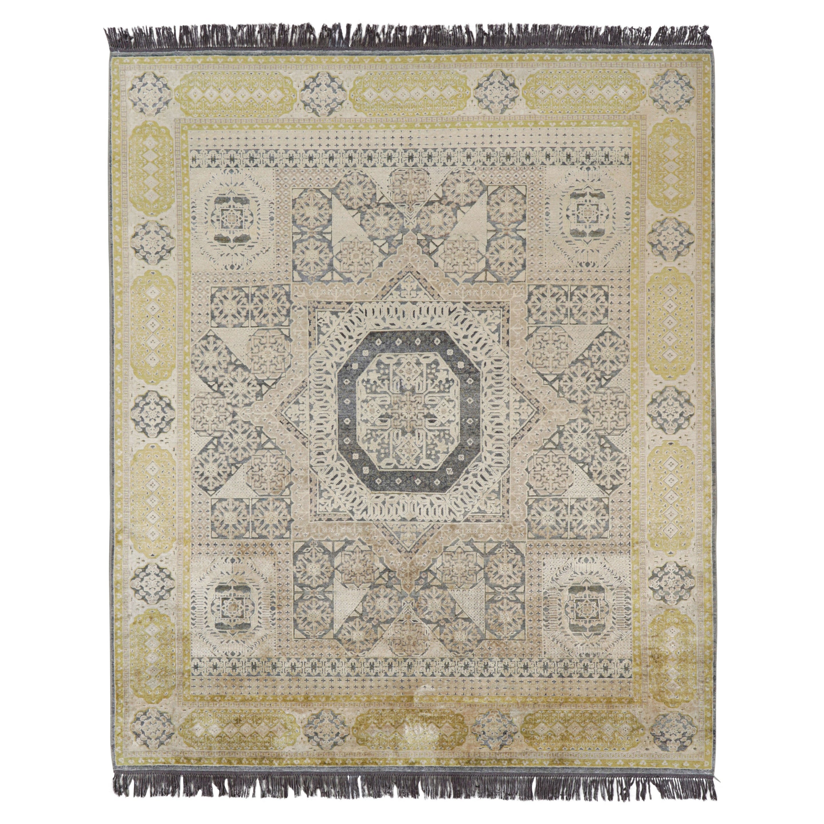 Rug & Kilim's Mogul Style Rug in Gold, Gray and Beige Geometric Patterns For Sale
