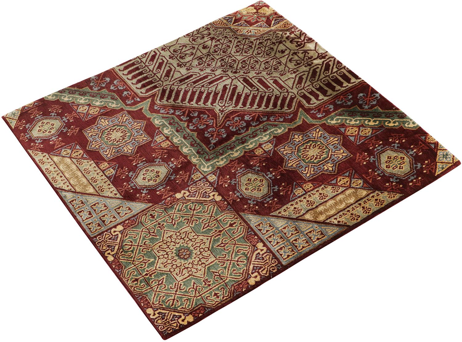 Hand-knotted in silk, this 4x4 square rug from our Modern Classics collection recaptures the essence of antique rug fragments. 

On the Design: 

The patterns enjoy a loose inspiration from Mogul rugs of the most regal provenance and color alike.
