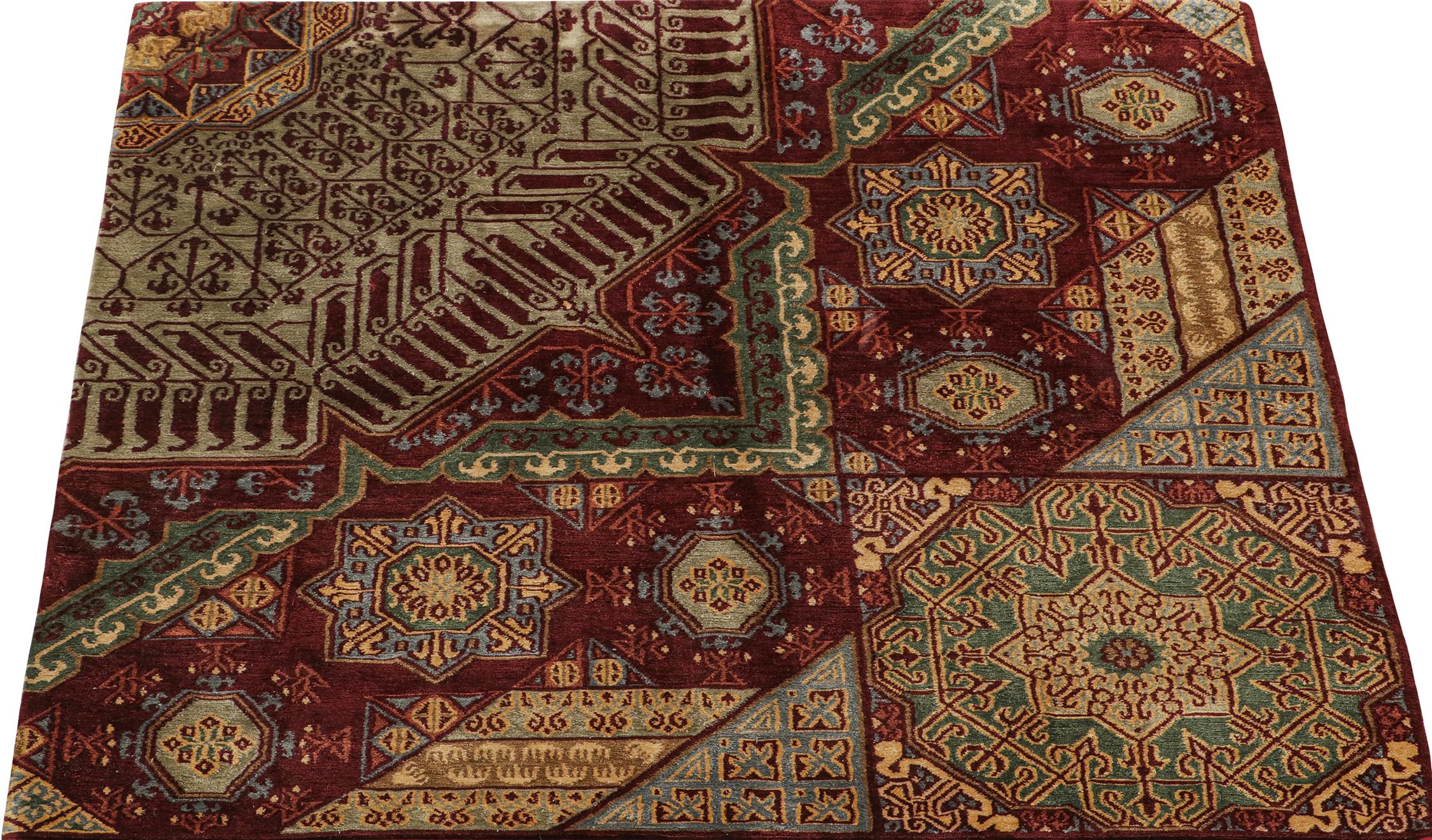 Nepalese Rug & Kilim’s Mogul Style Rug in Red and Green Geometric Patterns For Sale