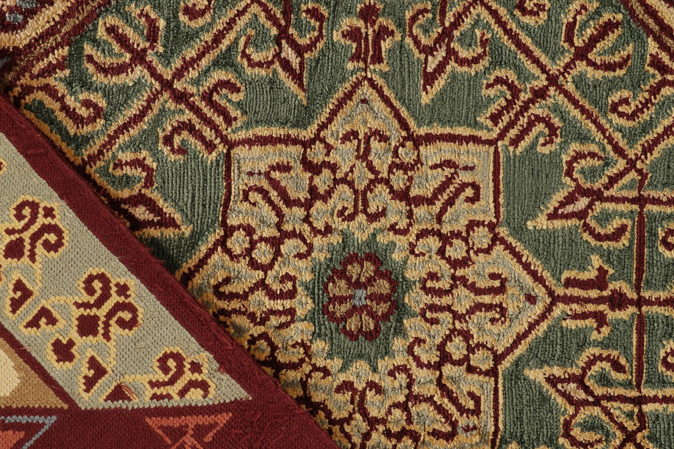 Silk Rug & Kilim’s Mogul Style Rug in Red and Green Geometric Patterns For Sale
