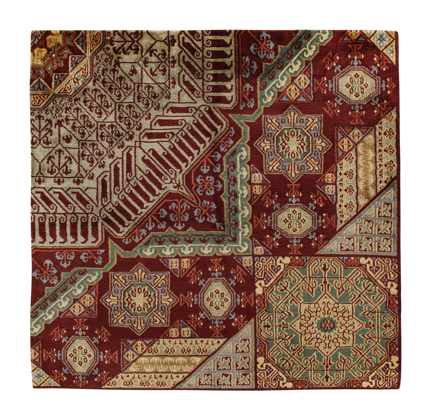 Rug & Kilim’s Mogul Style Rug in Red and Green Geometric Patterns For Sale