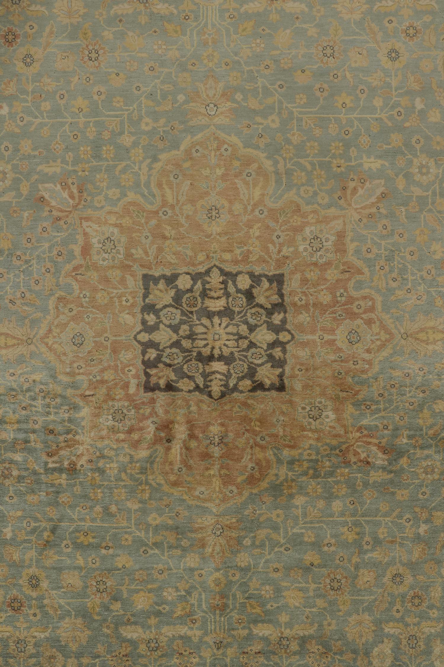 Contemporary Rug & Kilim’s Mohtasham Style Rug in Blue with Gold Medallion and Beige Florals For Sale