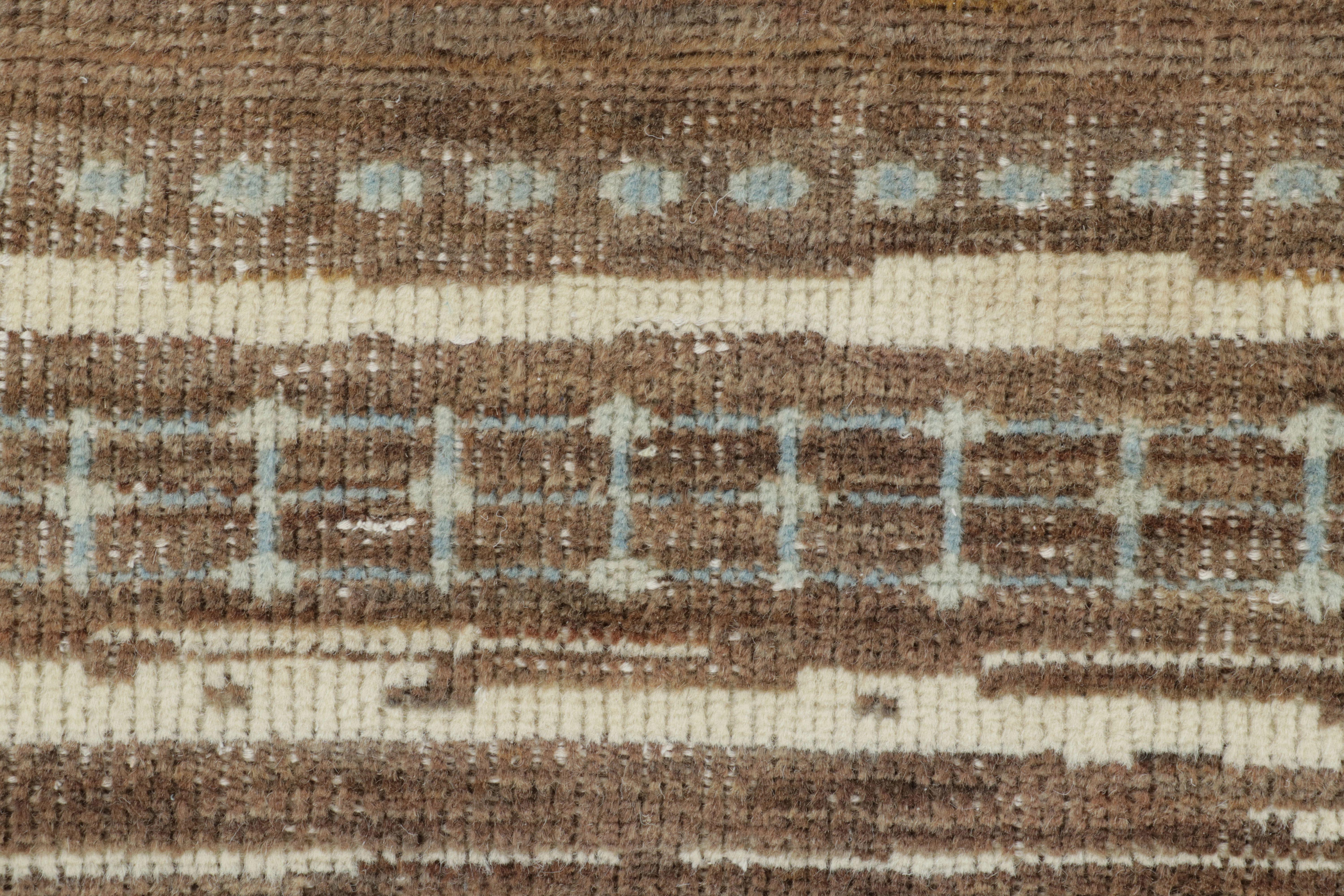 This magnificent 6x6 square rug from Rug 
Kilim’s Moroccan rug collection is a rich contemporary reimagining of the style, hand-knotted entirely in fine wool. The design features a faded brown field broken by bands of creamy ivory that reveal