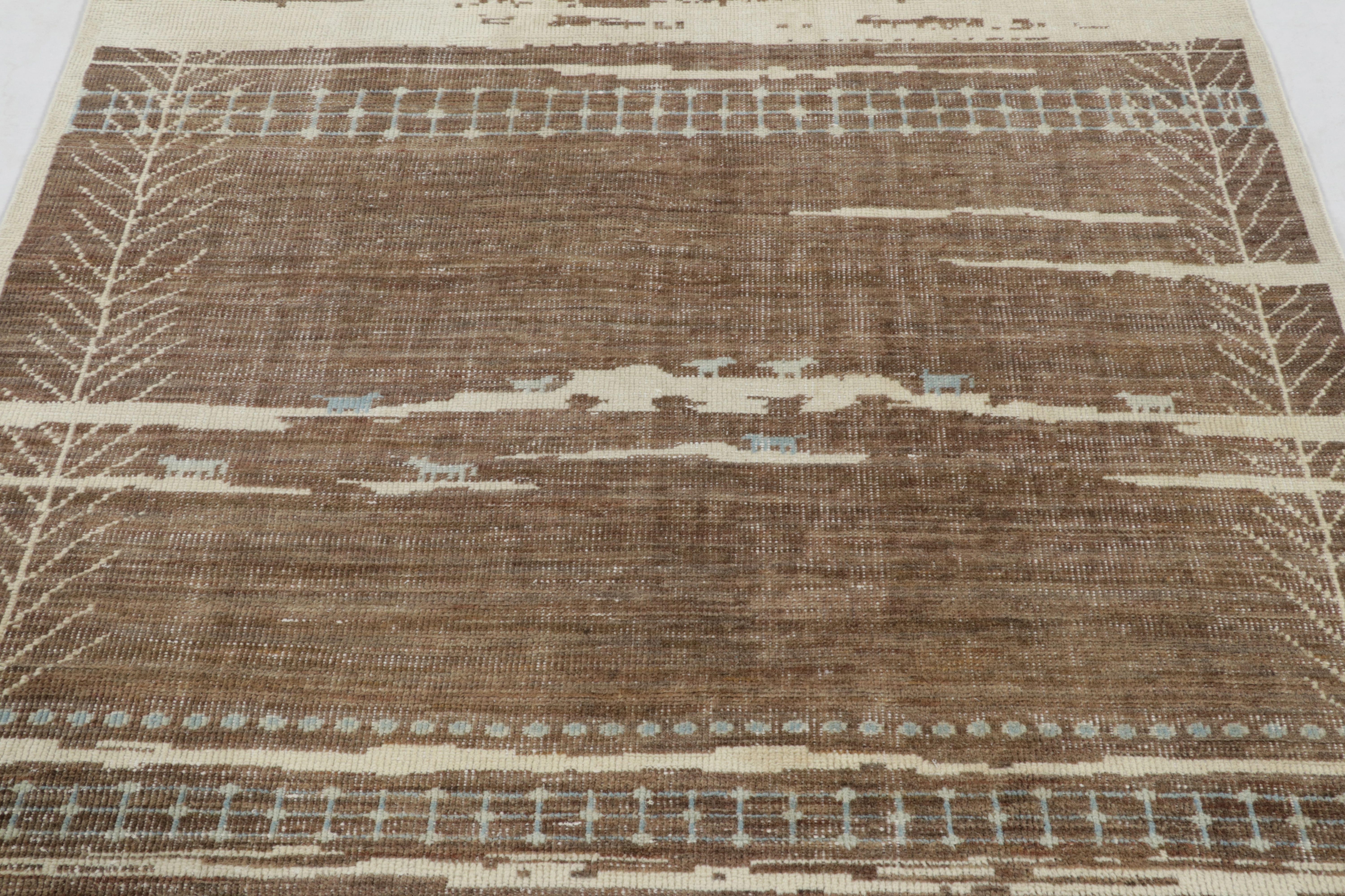 Indian Rug & Kilim’s Moroccan-Inspired Square Rug, Brown and Cream Primitivist Geometry For Sale