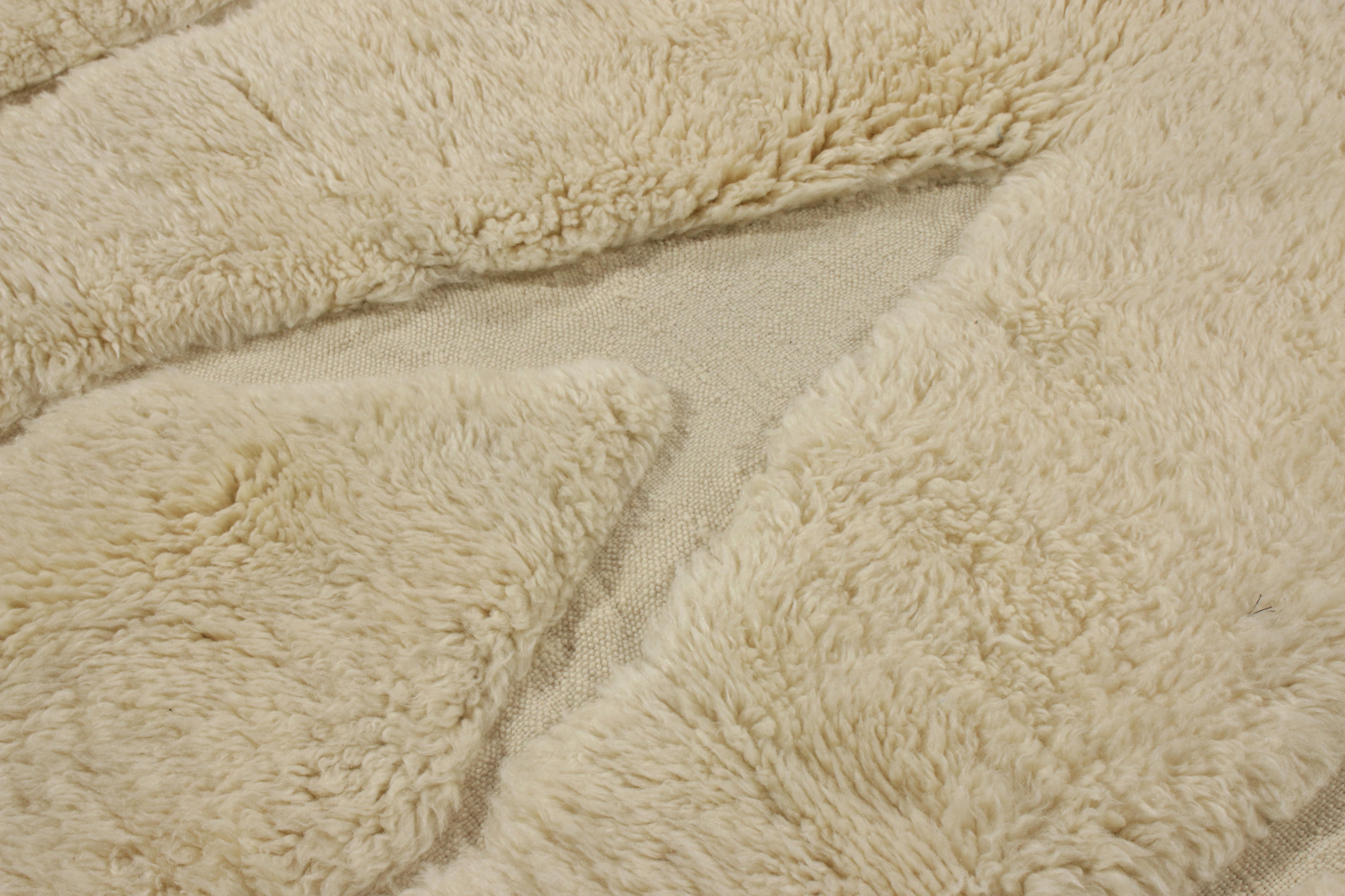 Hand-Knotted Rug & Kilim’s Moroccan Rug in Beige-White, High-Low Geometric Pattern For Sale