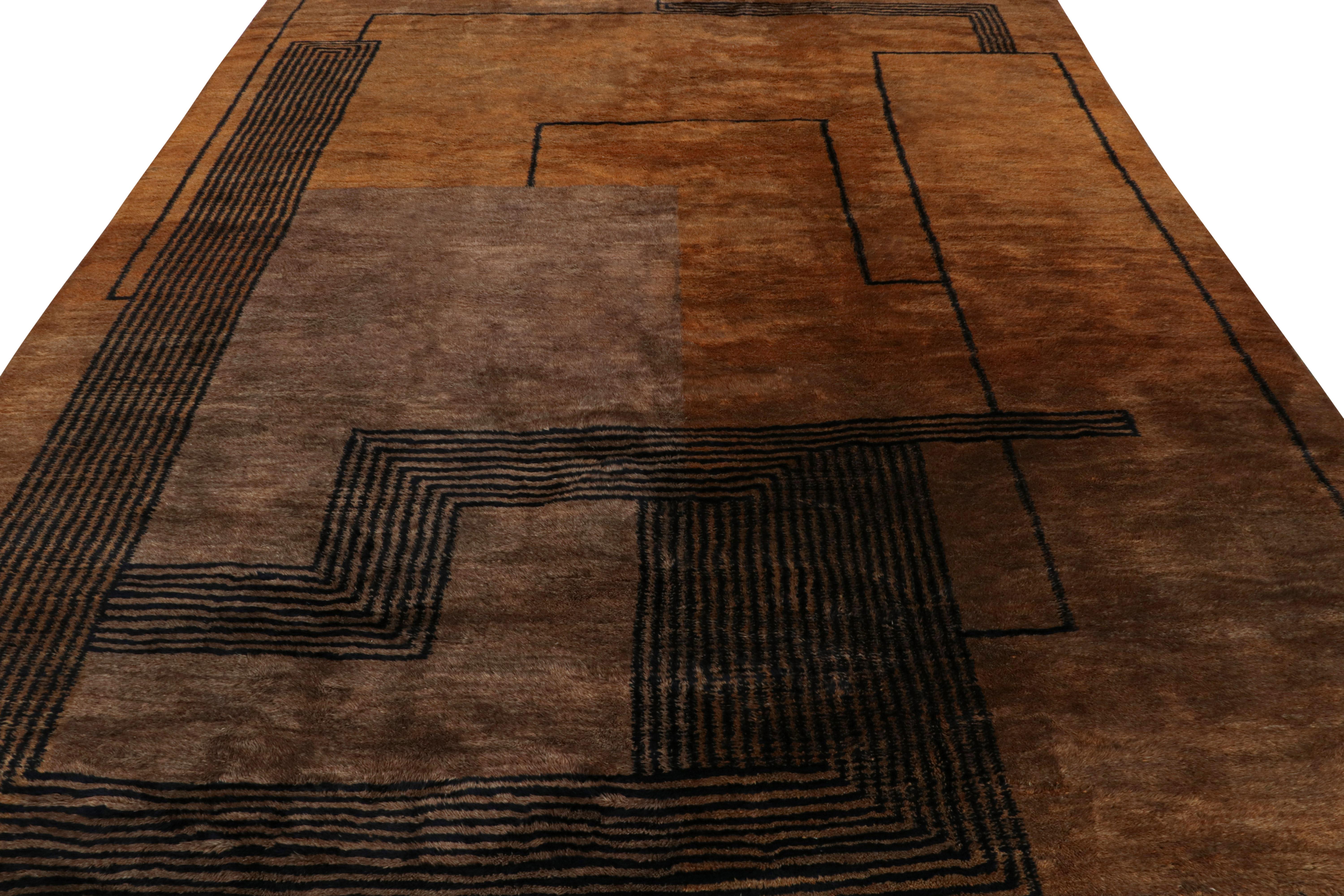 Modern Rug & Kilim’s Moroccan Rug in Brown with Black Art Deco style Geometric Pattern For Sale