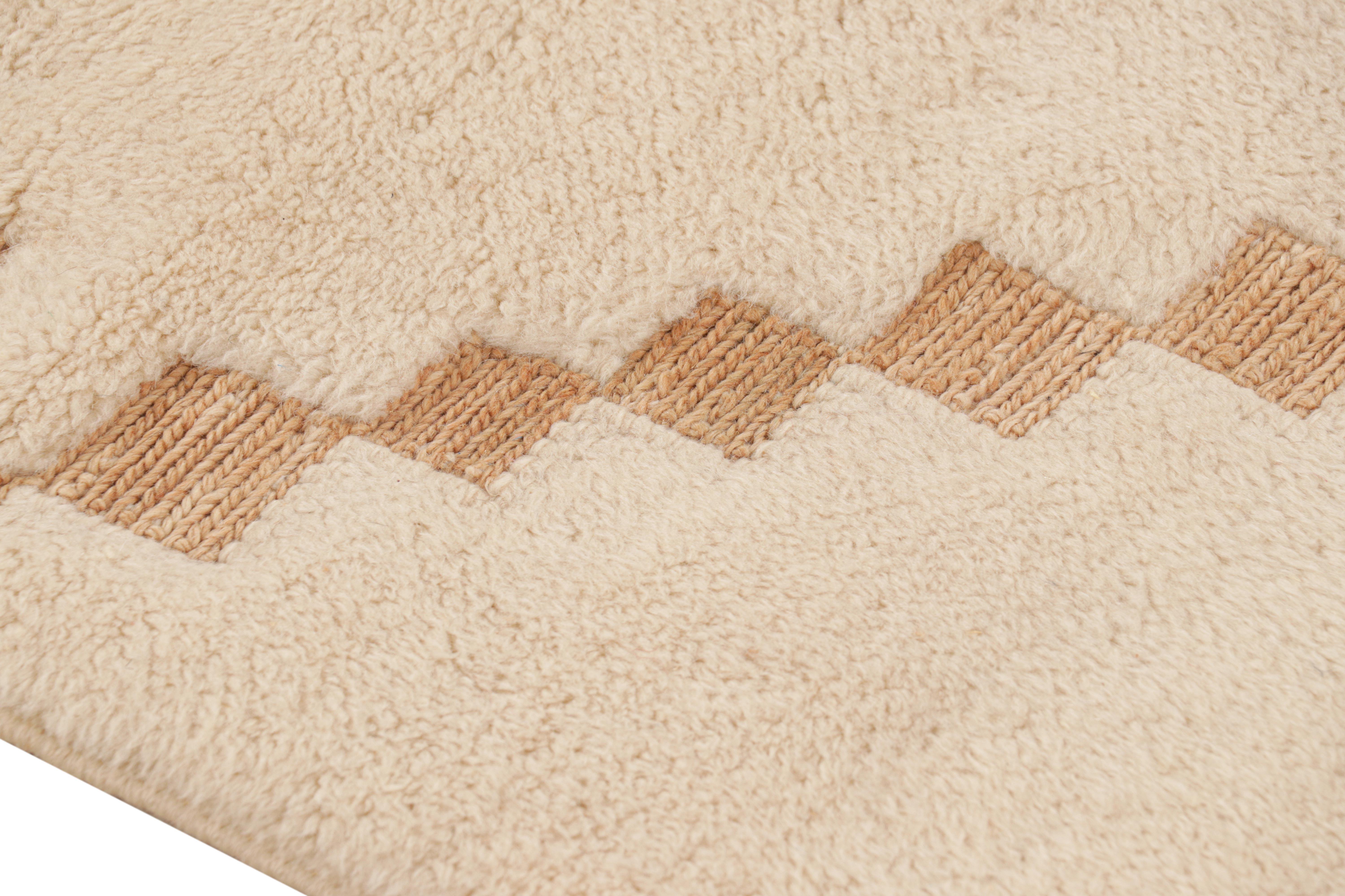 Modern Rug & Kilim’s Moroccan Rug in Cream and Beige-Brown with Diamond Medallion For Sale