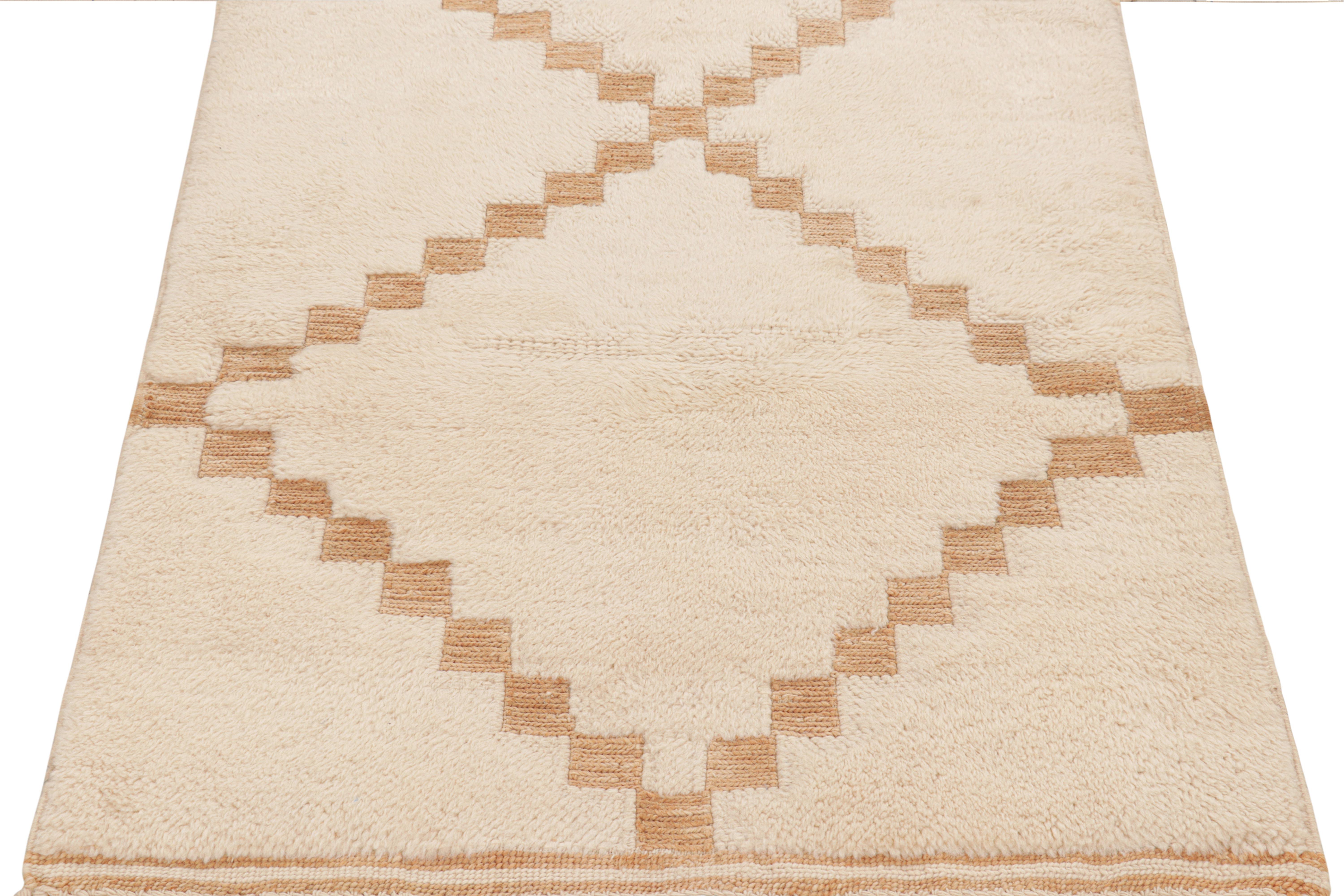 Hand-Knotted Rug & Kilim’s Moroccan Rug in Cream and Beige-Brown with Diamond Medallion For Sale