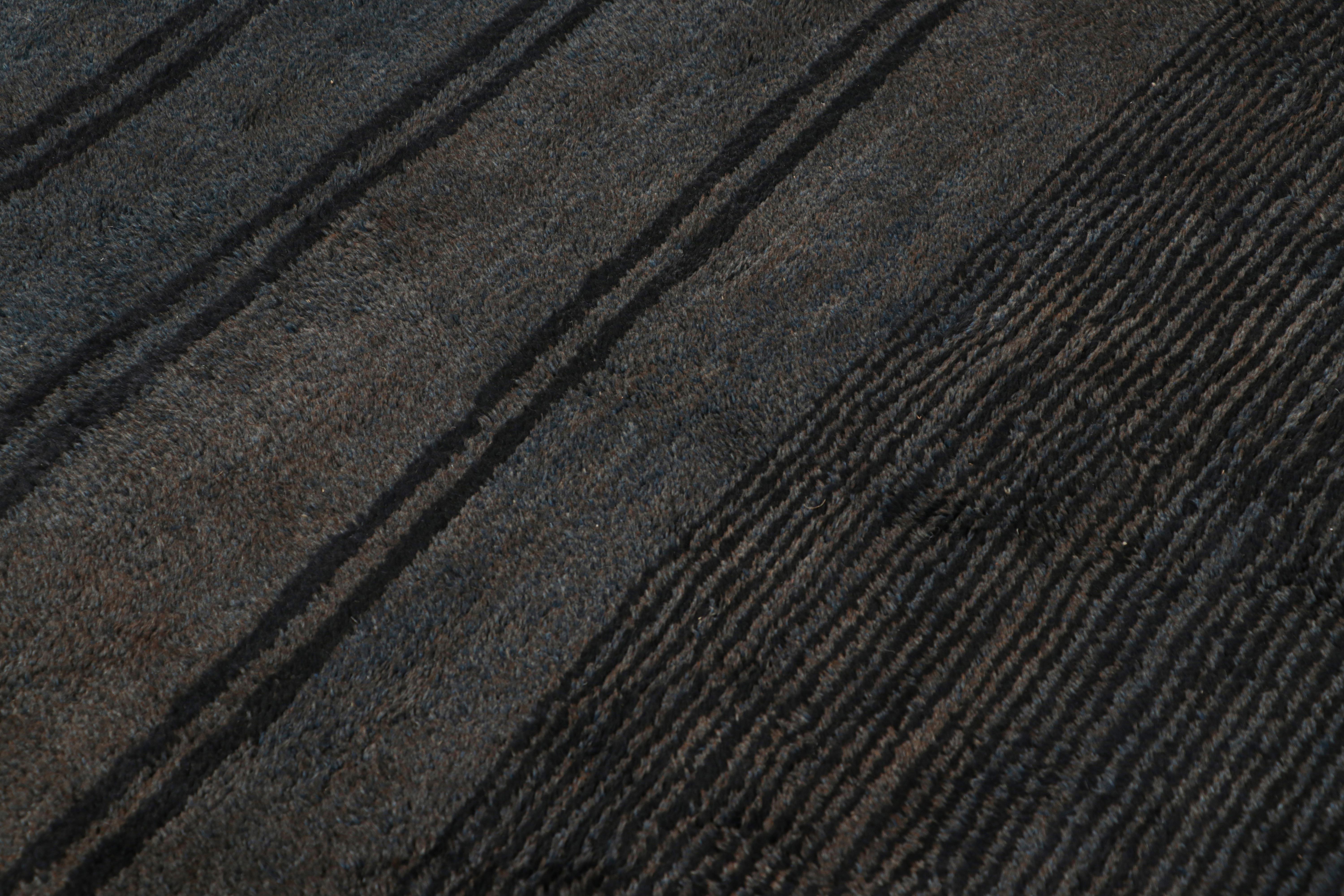 Modern Rug & Kilim’s Moroccan Rug in Grisaille Blue, Gray and Black Stripes For Sale