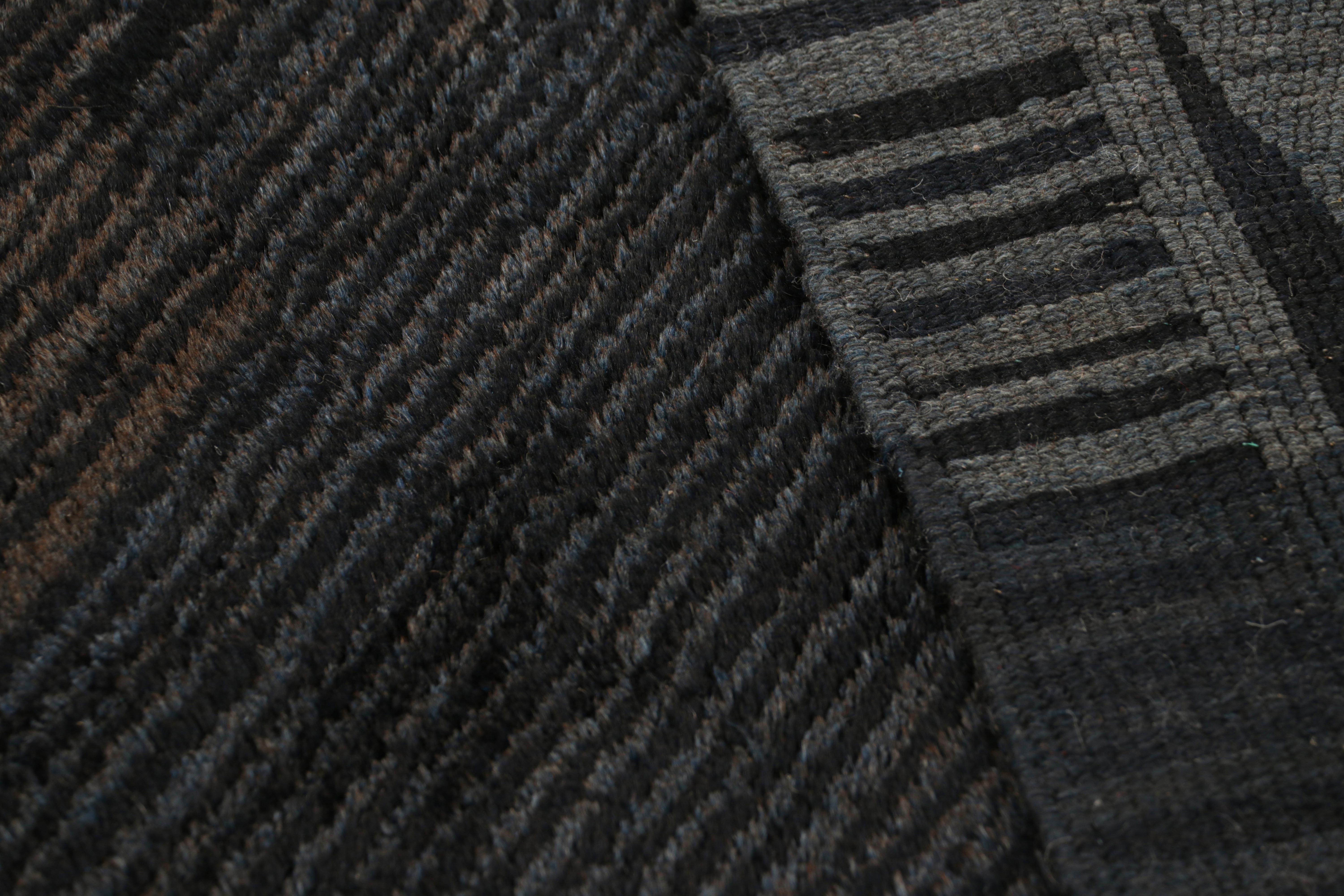 Wool Rug & Kilim’s Moroccan Rug in Grisaille Blue, Gray and Black Stripes For Sale