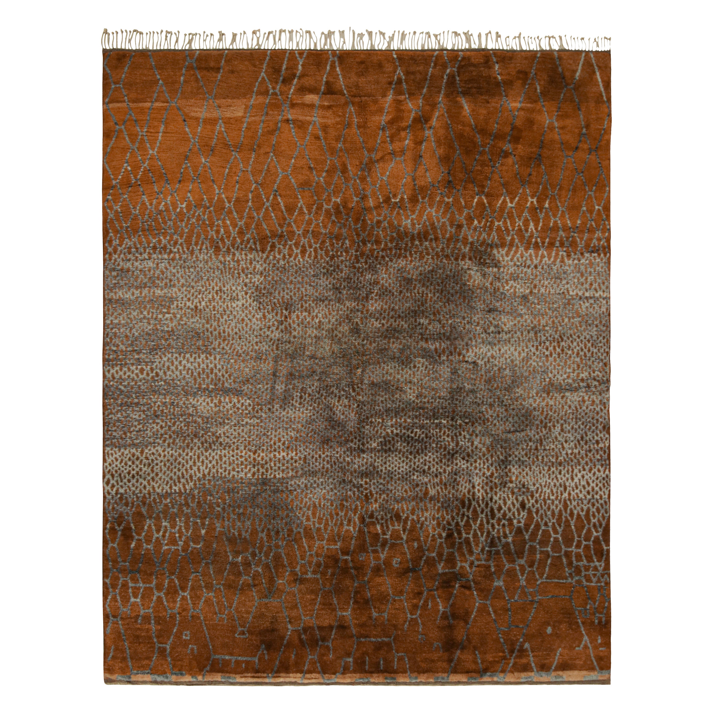 Rug & Kilim’s Moroccan Rug in Rust Tones with Silver-Gray Geometric Patterns For Sale